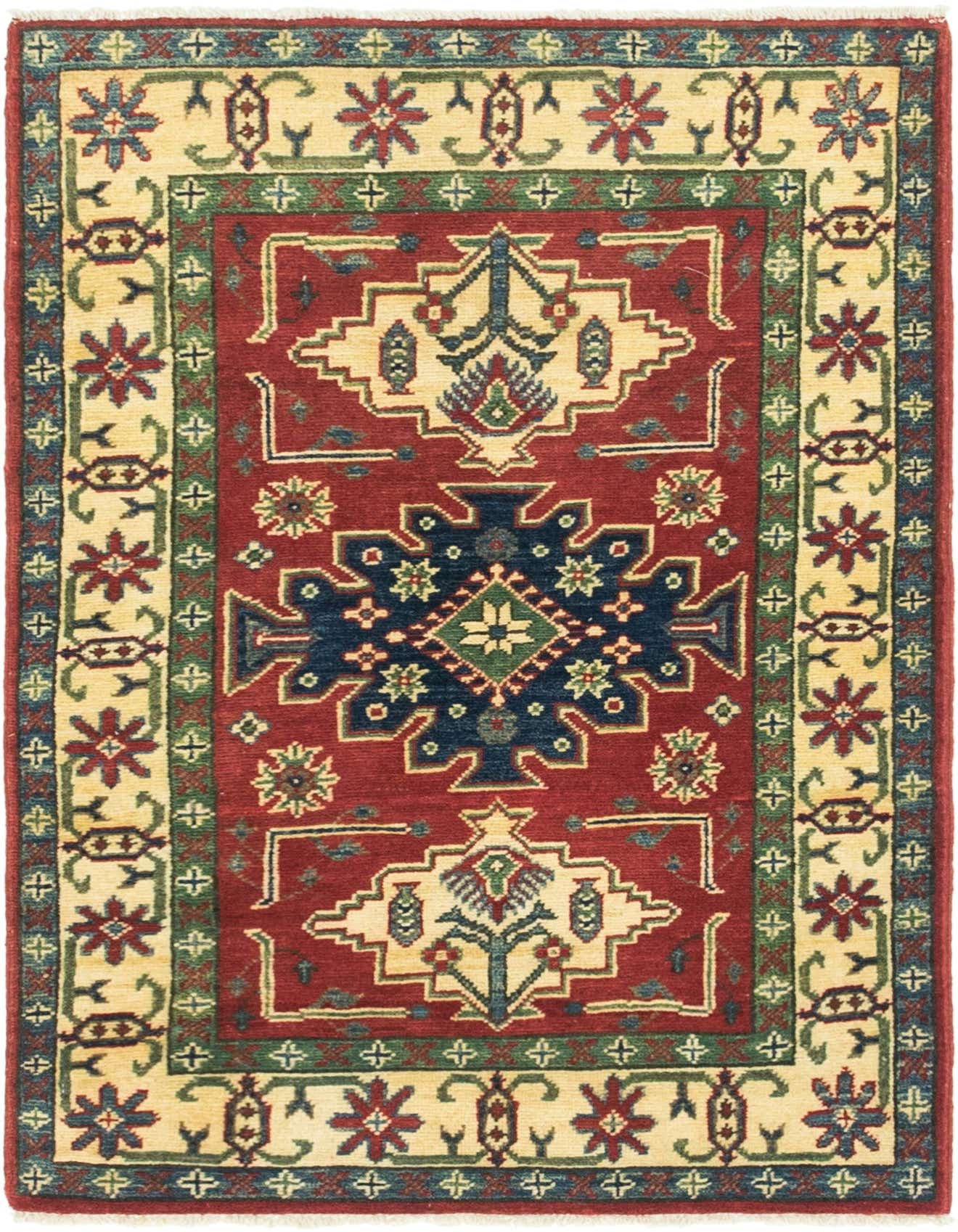 A 3x4 rectangular Rugs.com Kazak rug with a red field, navy medallion, and cream border featuring traditional tribal patterns.