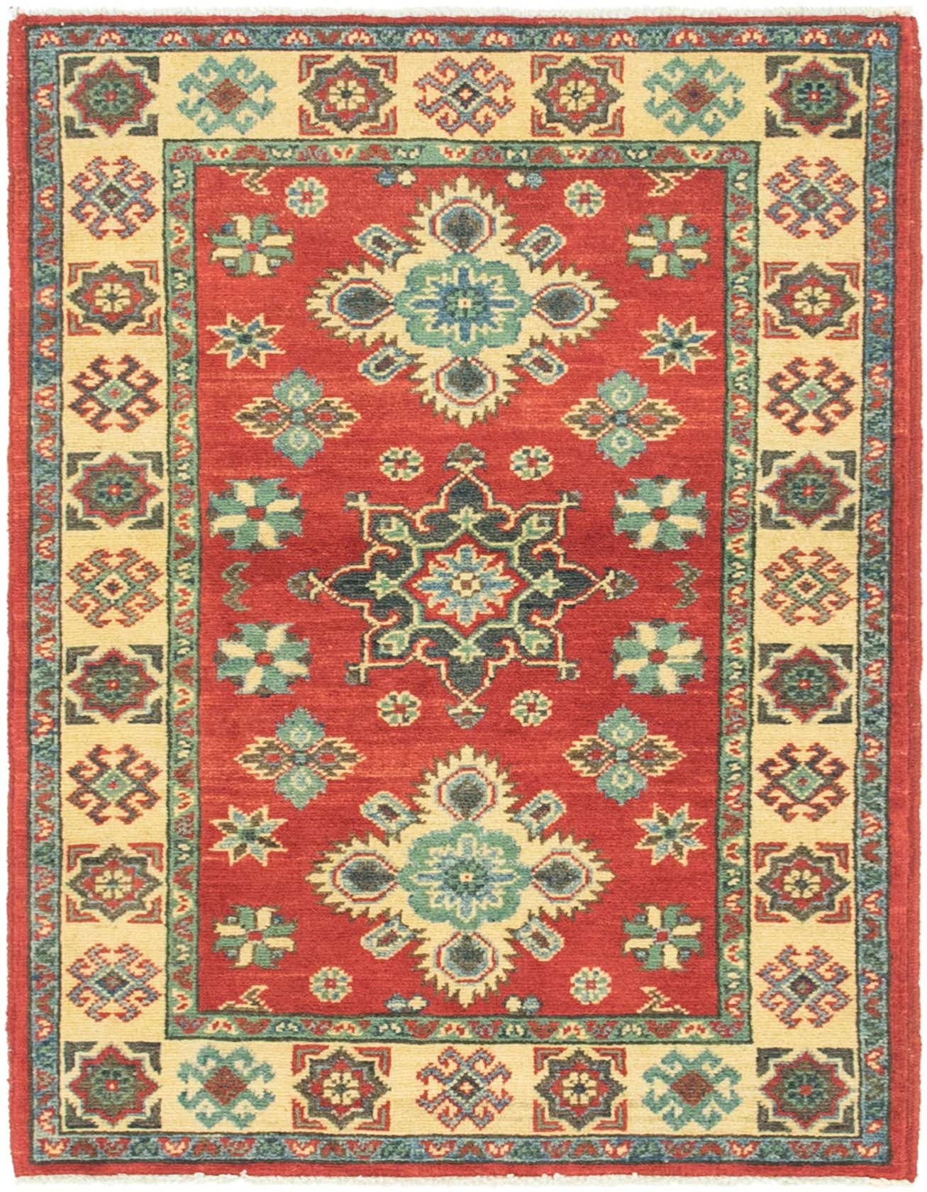 A 3x4 rectangular Rugs.com Kazak rug with a red field, featuring a central medallion and tribal patterns in blue, green, and cream.