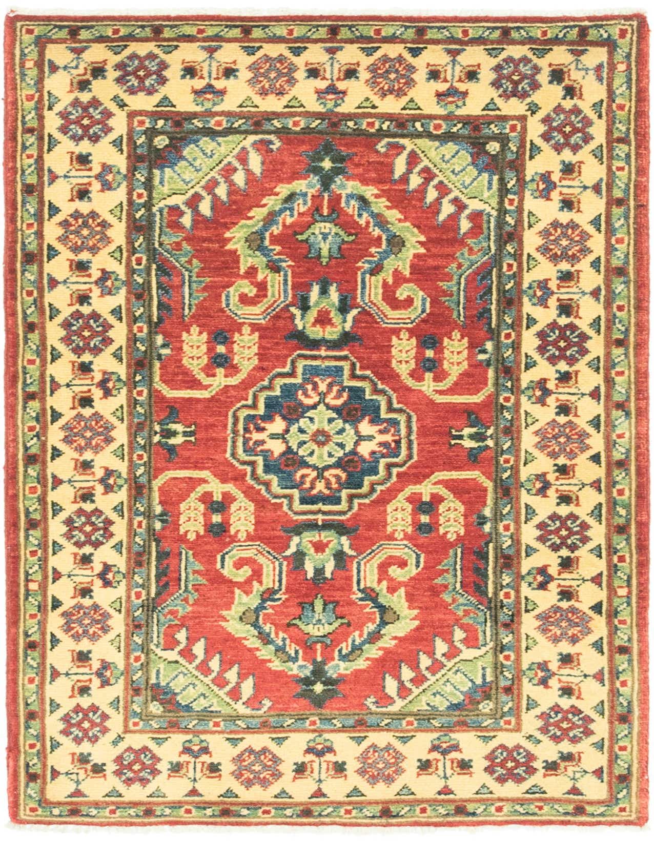 A 3x4 rectangular Rugs.com Kazak rug with a red field, intricate medallion, and Southwestern-inspired patterns in blue, green, and cream.