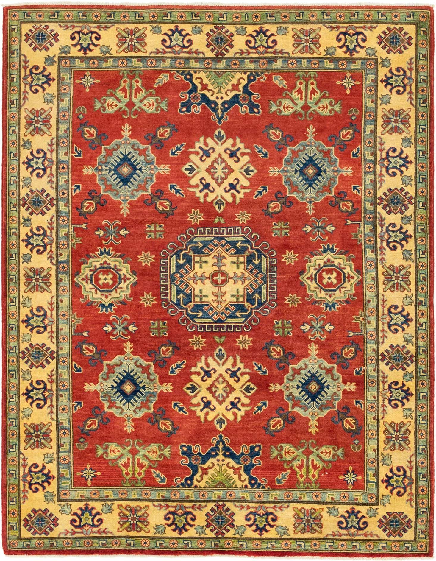 A 5x7 rectangular Kazak rug with a rich red field and a wide cream border, featuring intricate traditional, Southwestern, and tribal patterns in blue, green, and gold.