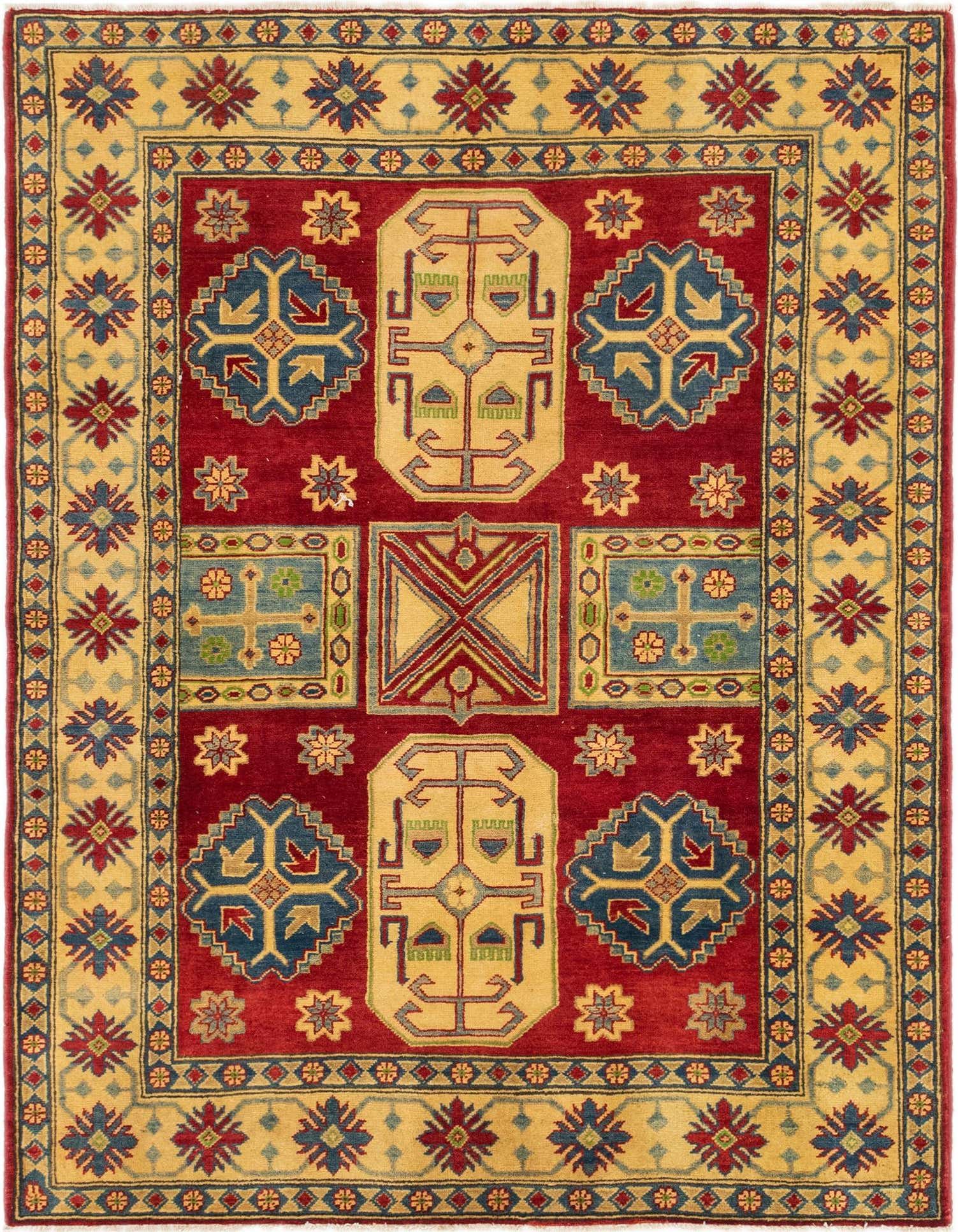 A 5x7 rectangular red Kazak rug with a central medallion, geometric patterns, and a gold border.