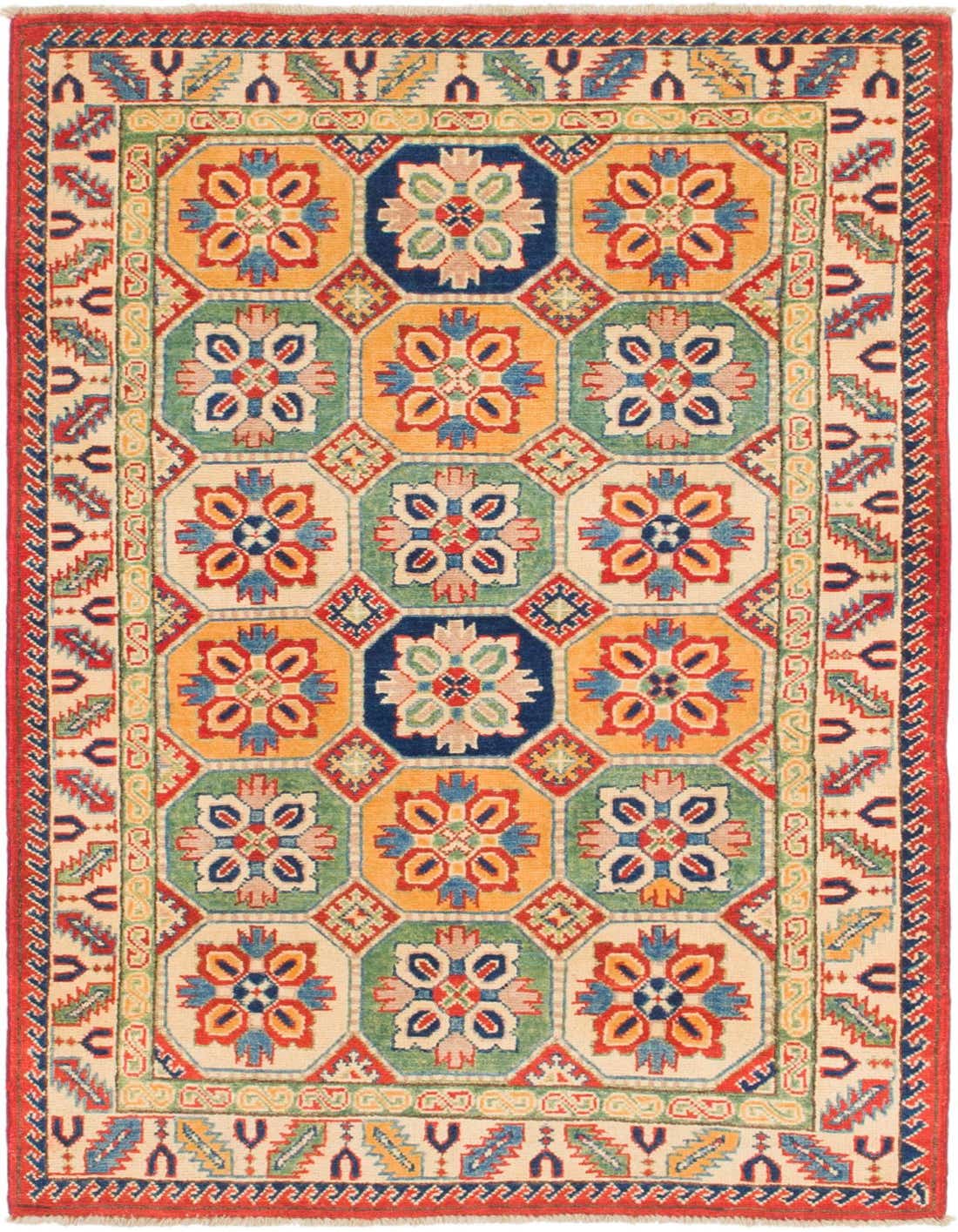 A 4x6 rectangular Rugs.com Kazak rug with a vibrant traditional medallion pattern in red, blue, green, and gold on a cream background.