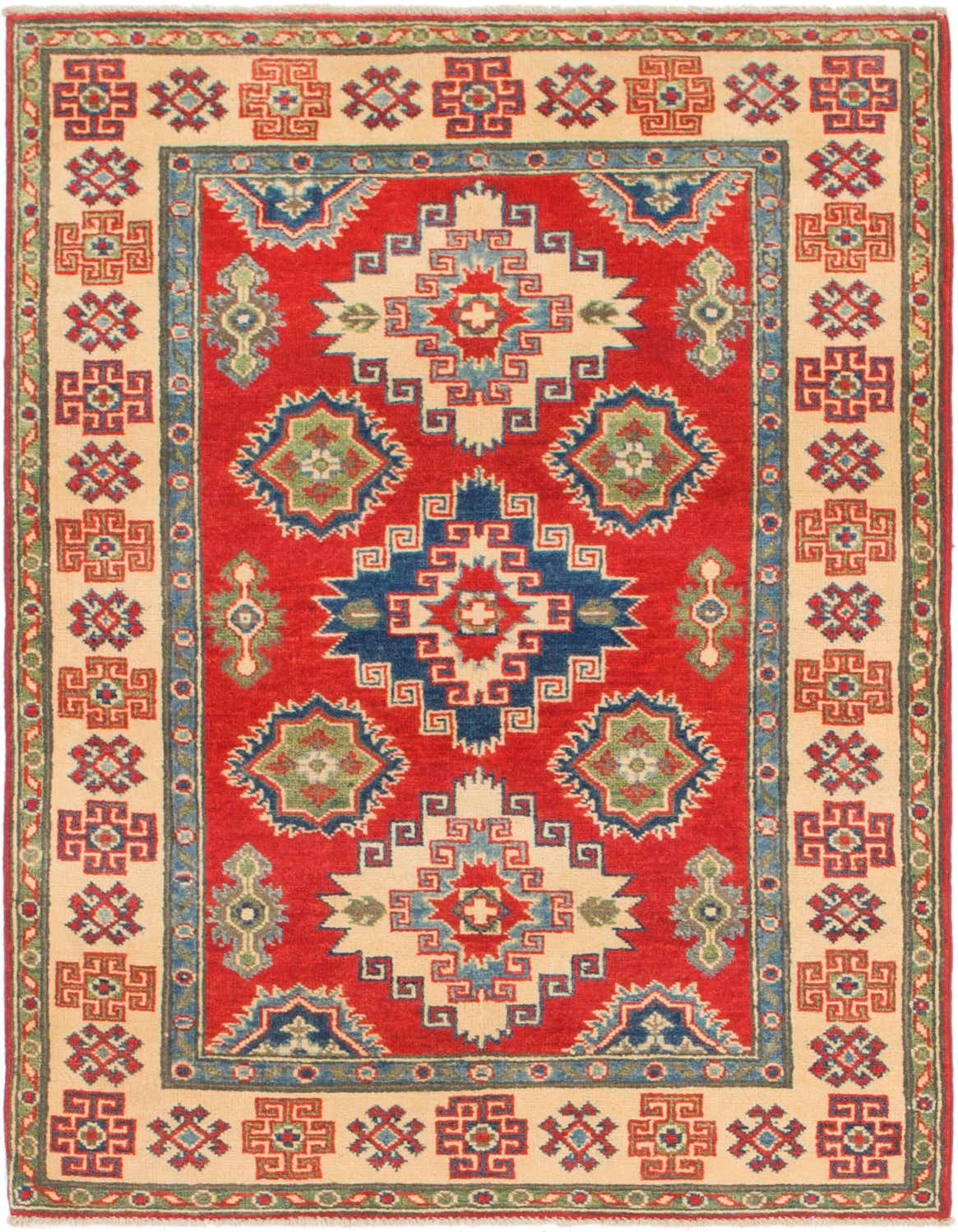 A 3x5 rectangular red wool rug with a traditional Southwestern tribal pattern and a cream border.
