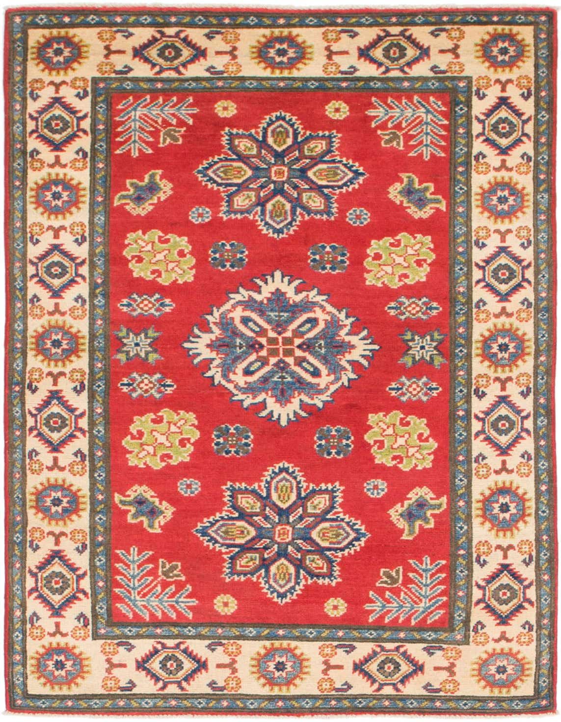 A 3x5 rectangular red rug with a traditional Southwestern tribal pattern, featuring a central medallion and a cream border with geometric designs.