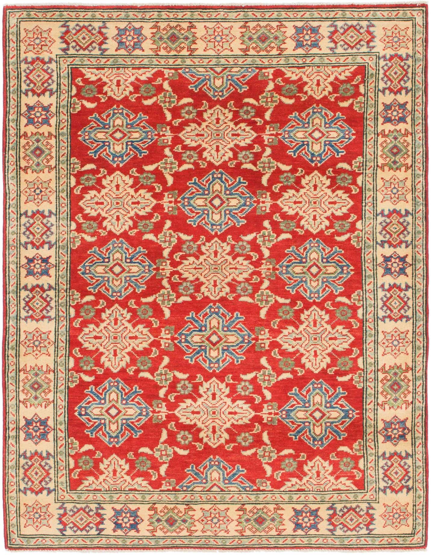 A 4x6 rectangular red traditional rug with intricate blue, green, and cream tribal patterns and a detailed border.