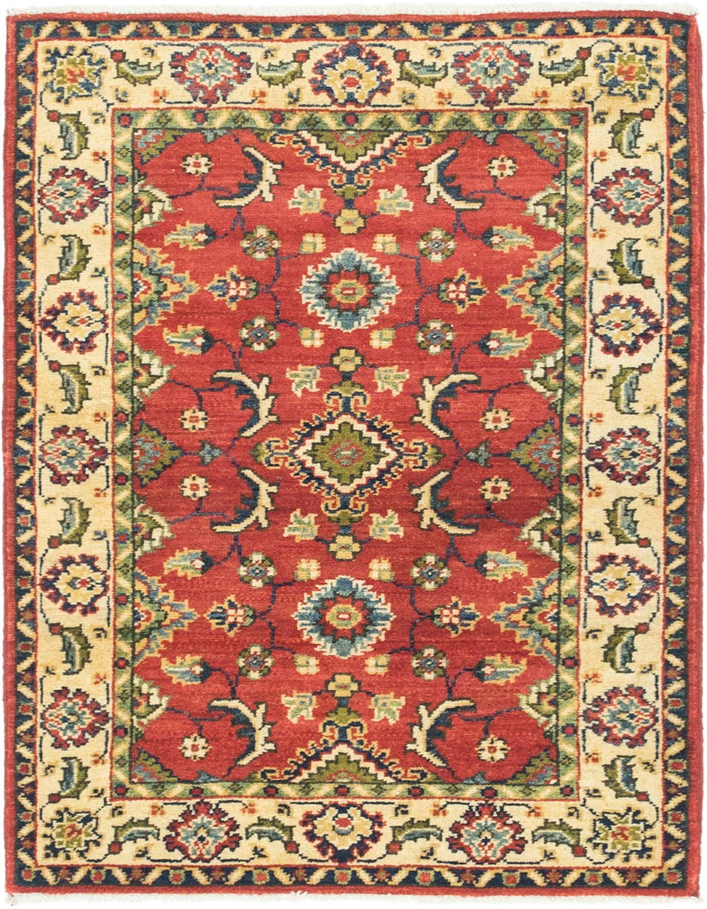 A 3x4 rectangular red rug with a traditional Southwestern tribal pattern, featuring an intricate cream border with floral motifs.
