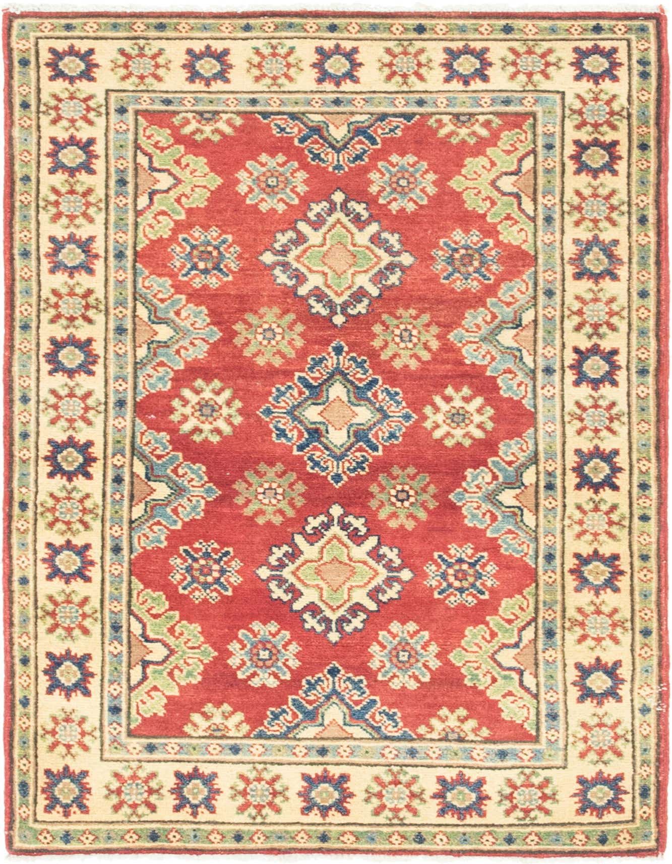 A 3x4 rectangular red Kazak rug with traditional Southwestern and tribal patterns, featuring a cream border with floral motifs.