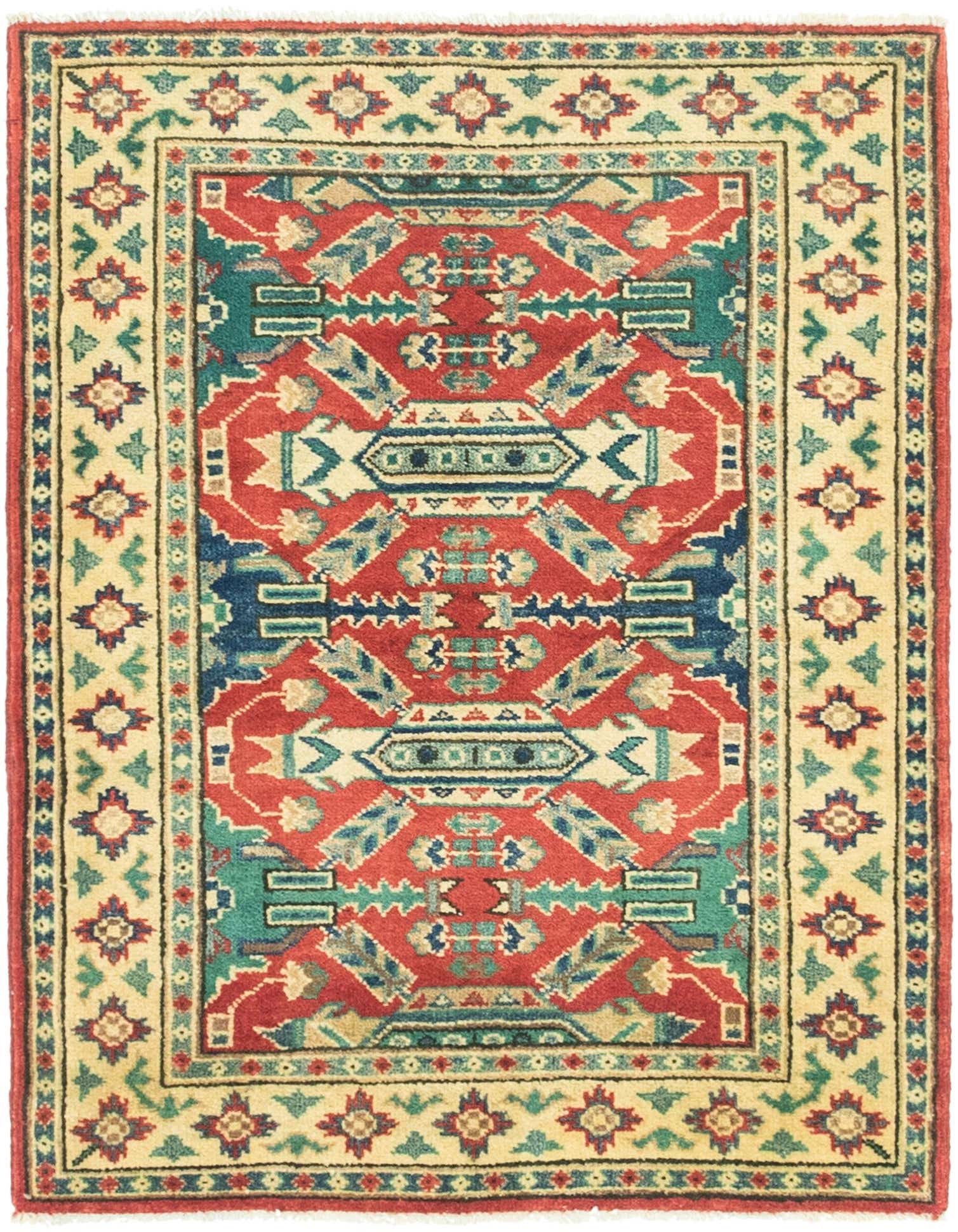 A 3x4 rectangular hand-spun wool rug featuring a traditional Southwestern tribal pattern in reds, blues, greens, and cream.