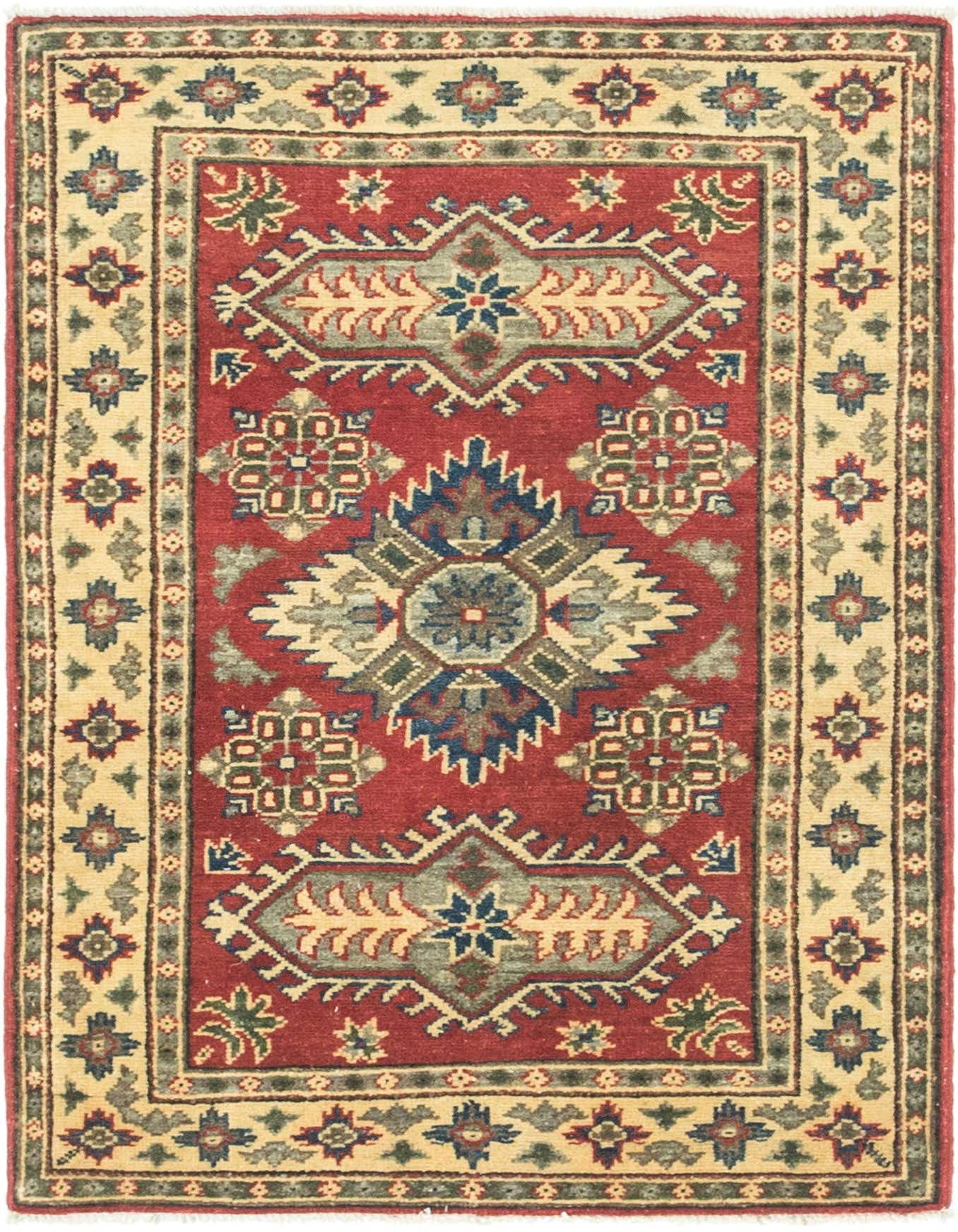 A 3x4 rectangular Rugs.com Kazak rug featuring a rich red field with intricate traditional Southwestern and tribal patterns in cream, blue, and green, bordered by a cream frame.