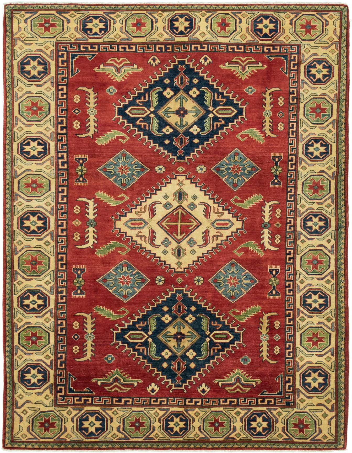 A 7x10 rectangular red Kazak rug with a central medallion and geometric patterns in navy, cream, and green.