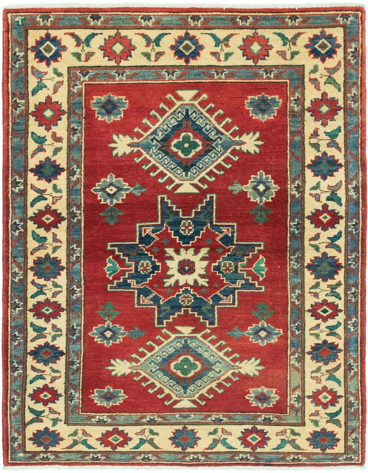 A 3x5 rectangular red Kazak rug with a central medallion and tribal patterns in blue, green, and cream.