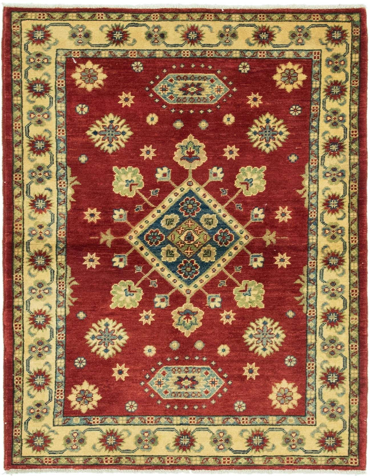 A 3x5 rectangular red Kazak rug with a central blue and green medallion, surrounded by floral and geometric patterns, and a cream border.