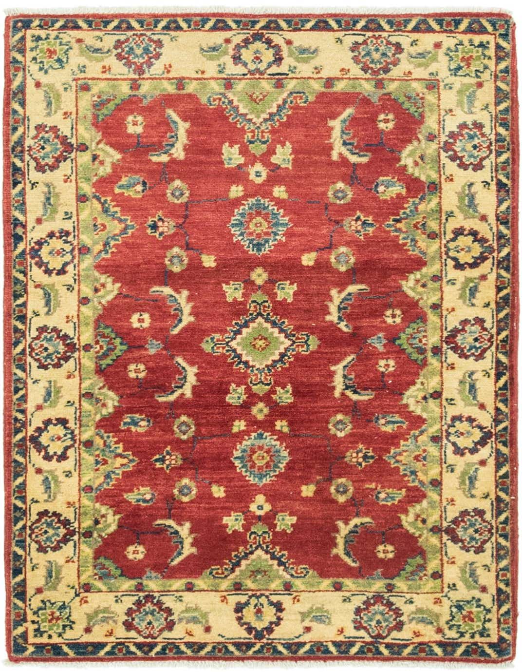 A 3x4 rectangular Rugs.com Kazak rug featuring a rich red field with traditional Southwestern and tribal patterns, bordered by a cream band with intricate floral motifs.