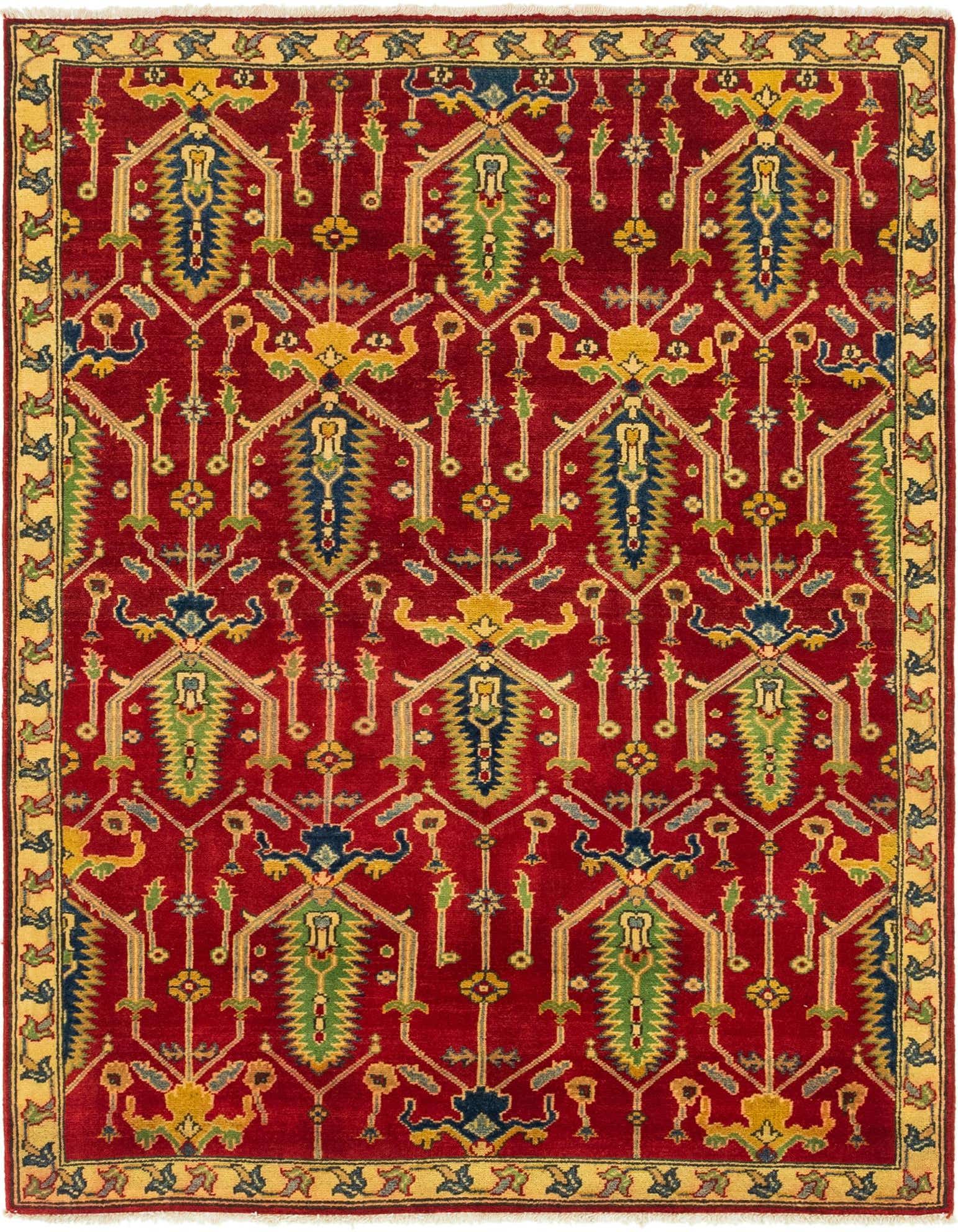 A 4x6 rectangular red rug with a traditional Southwestern tribal pattern in yellow, blue, and green, featuring a thin pile.