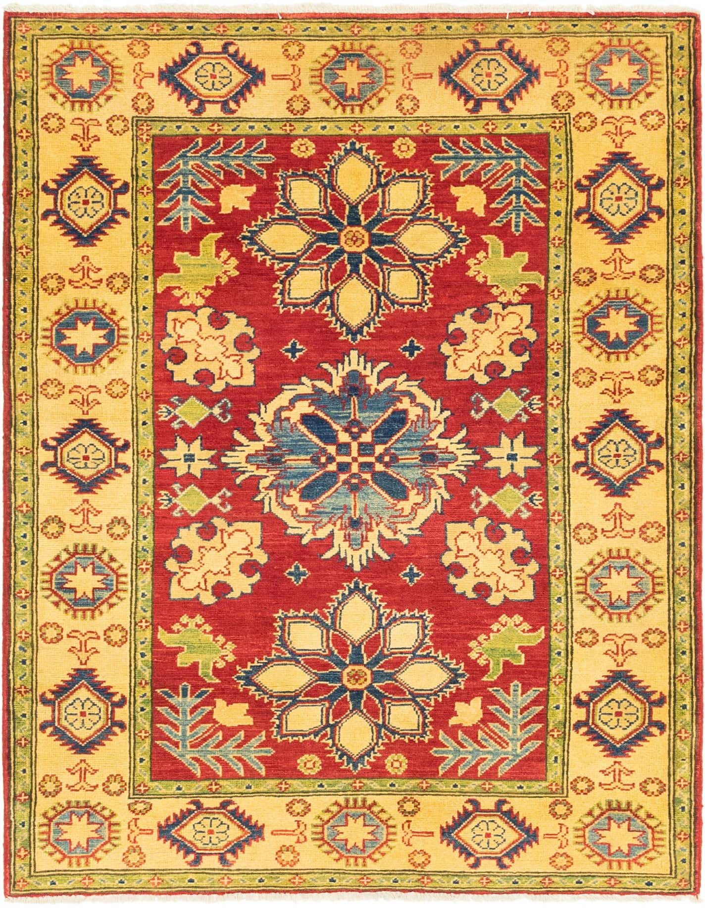 A 4x6 rectangular Rugs.com Kazak rug featuring a bold red field with large yellow, blue, and green medallion patterns, framed by a wide yellow border with tribal motifs.