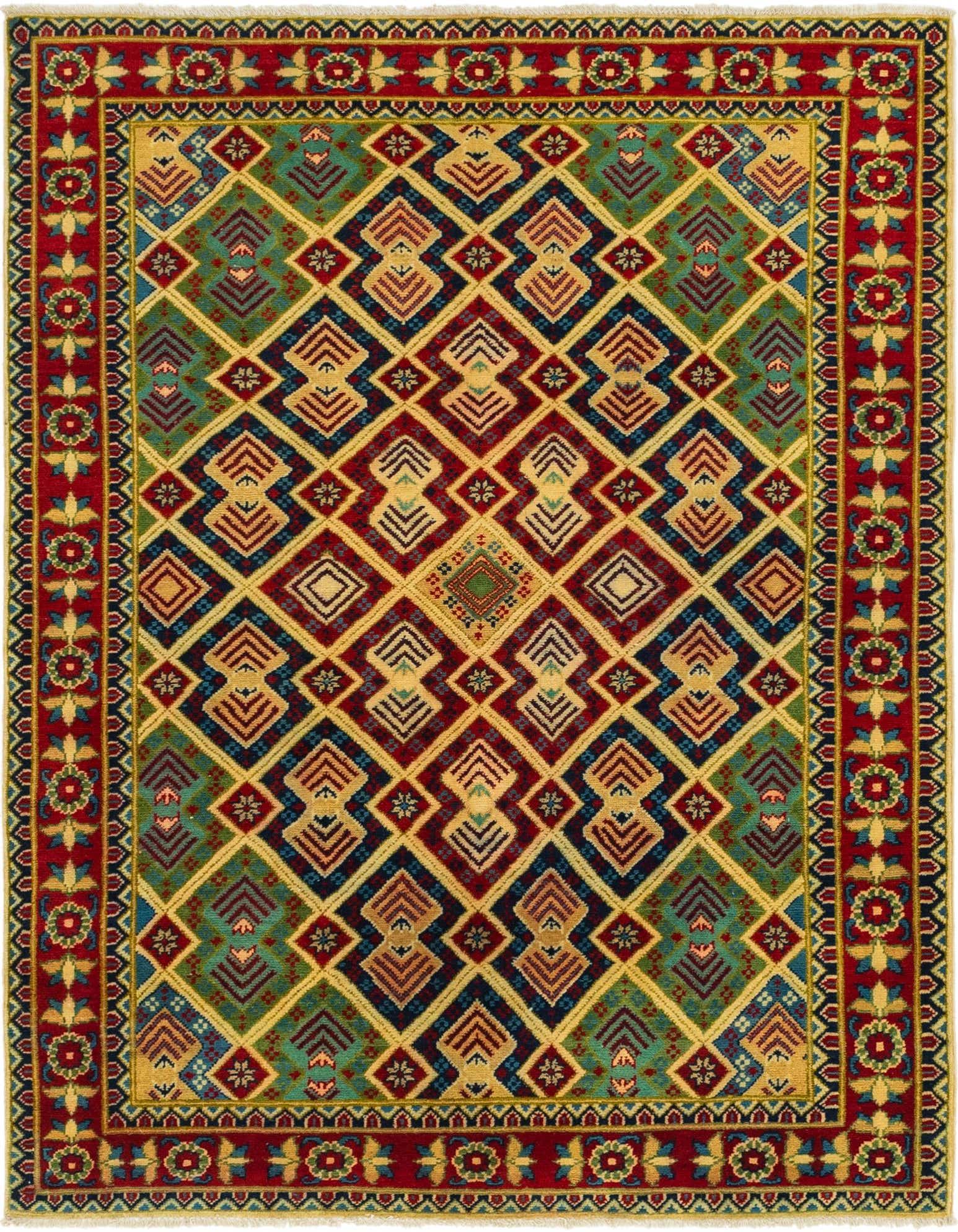 A 5x7 rectangular Kazak rug with a vibrant tribal pattern. It features a rich red border with floral motifs, framing a field of interlocking diamonds in gold, teal, and navy, accented with smaller geometric shapes.