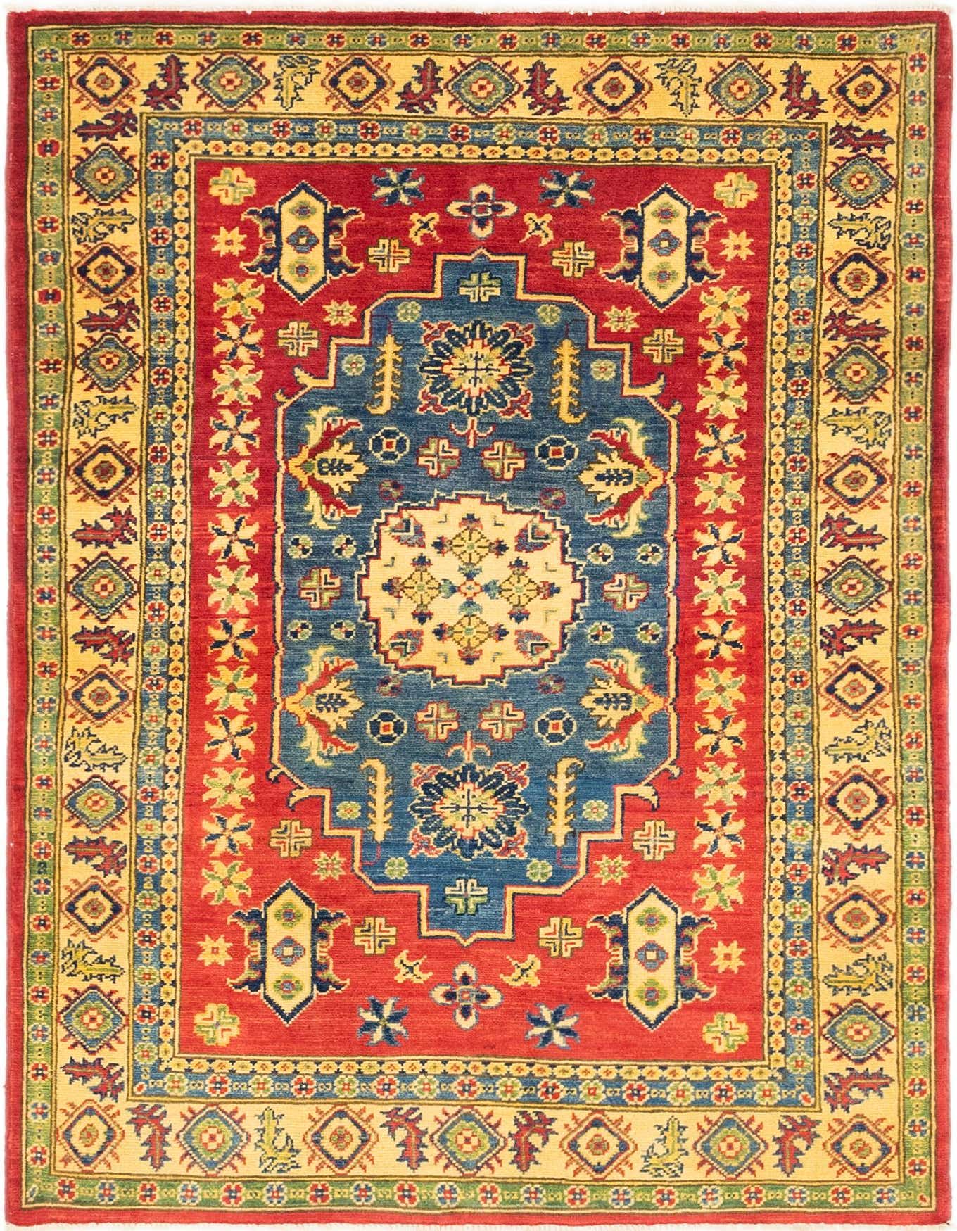 A 4x6 rectangular red traditional rug with a central blue medallion and intricate tribal patterns, ideal for a living room.