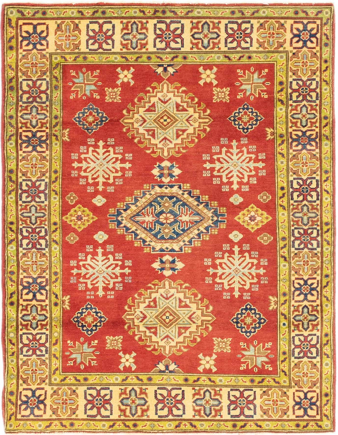 A 4x6 rectangular red traditional Kazak rug with intricate Southwestern and tribal patterns in blue, beige, and green.