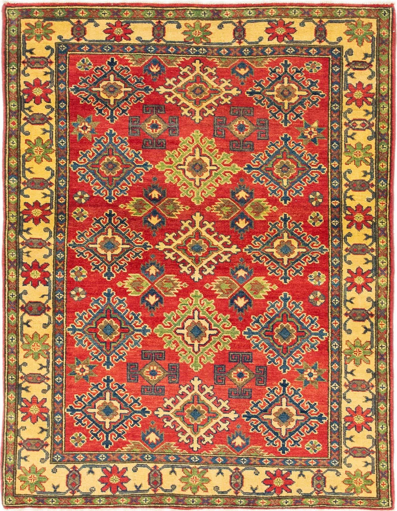 A 4x6 rectangular red traditional Kazak rug with an intricate Southwestern and Oriental pattern, featuring a golden yellow border with floral motifs.