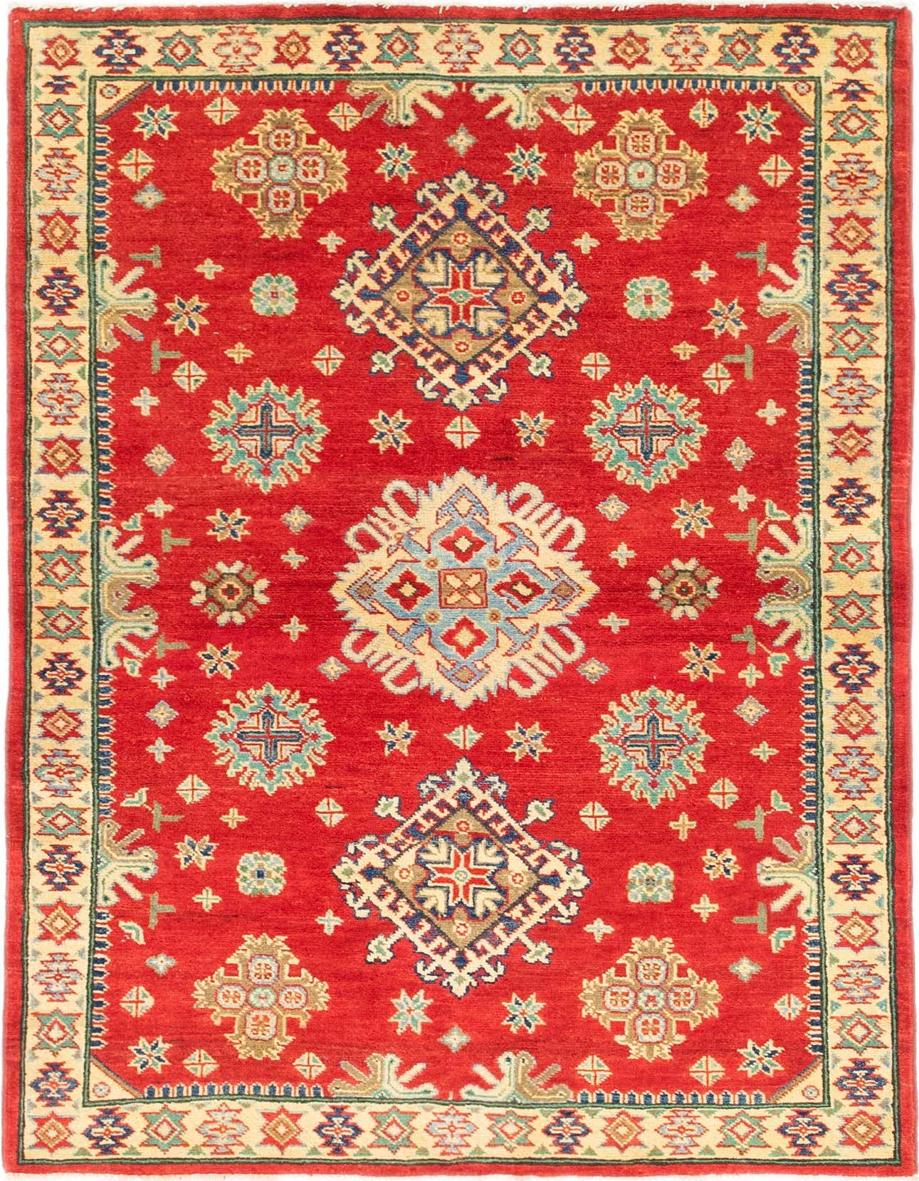 A 4x6 rectangular red wool rug with a traditional tribal pattern, featuring geometric medallions and a multi-colored border.
