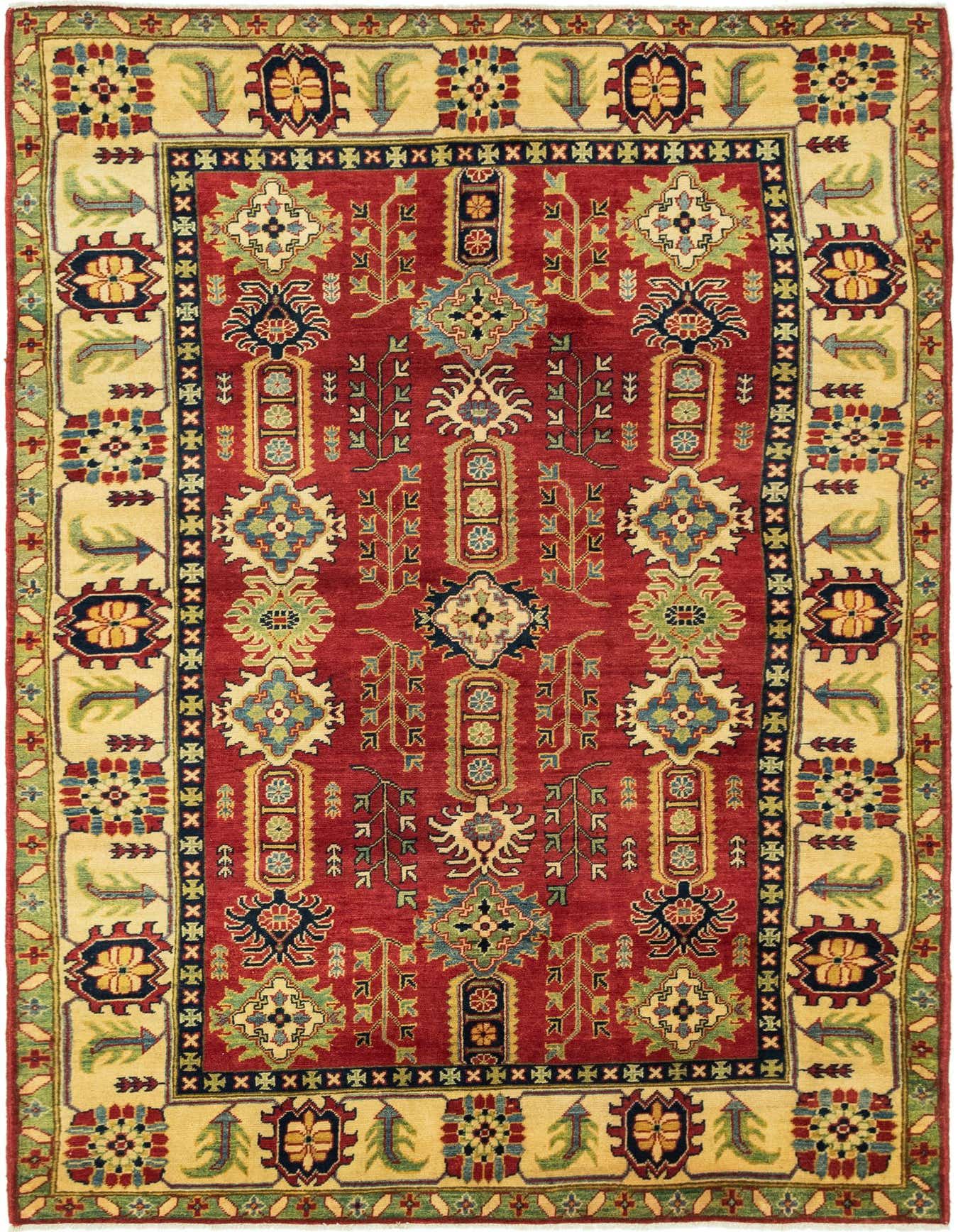 A 6x9 rectangular Rugs.com Kazak rug with a deep red field and intricate traditional, tribal patterns in blue, green, and gold, framed by a cream border with stylized motifs.