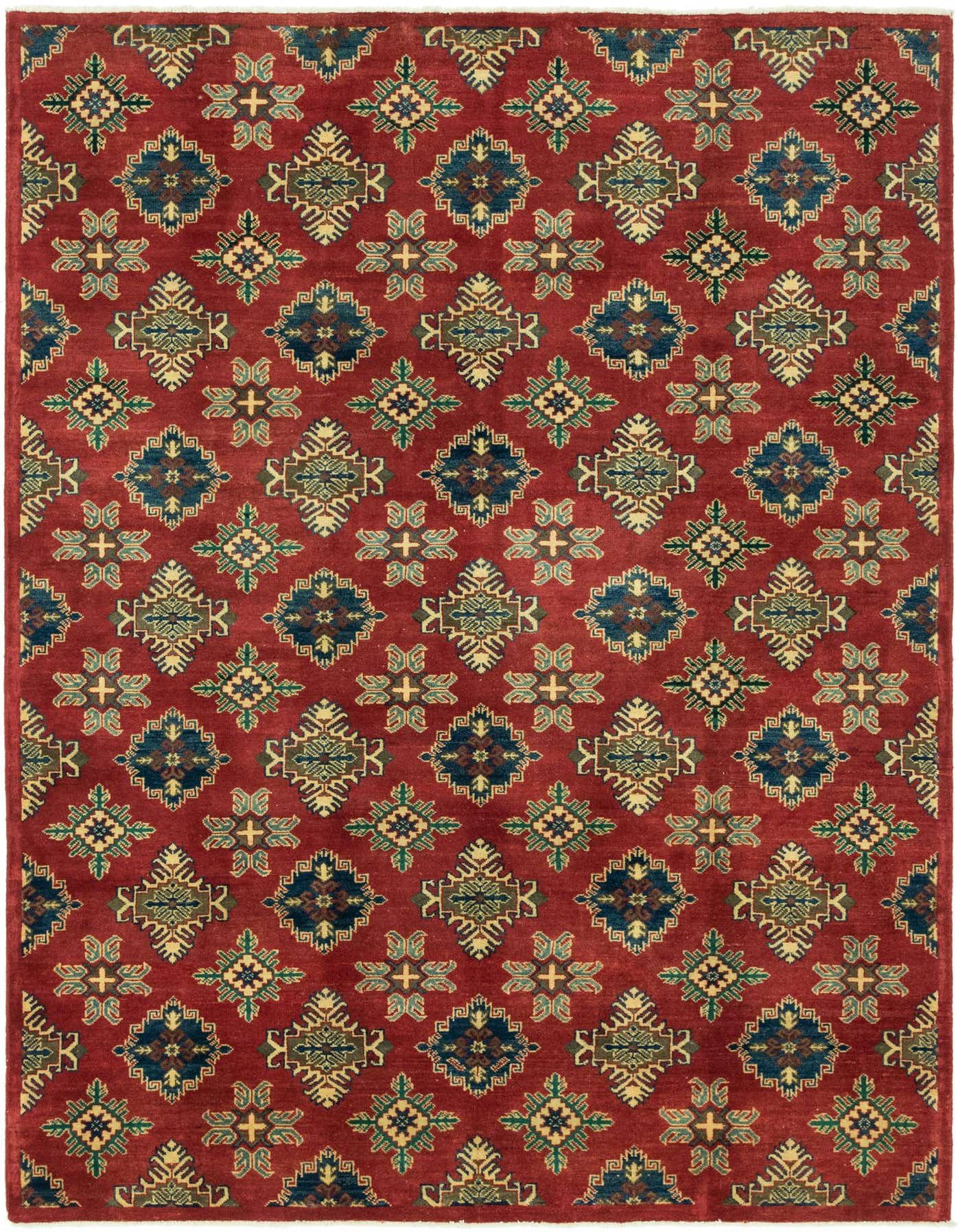A 7x10 rectangular red Southwestern rug with a repeating pattern of blue, green, and gold tribal motifs.