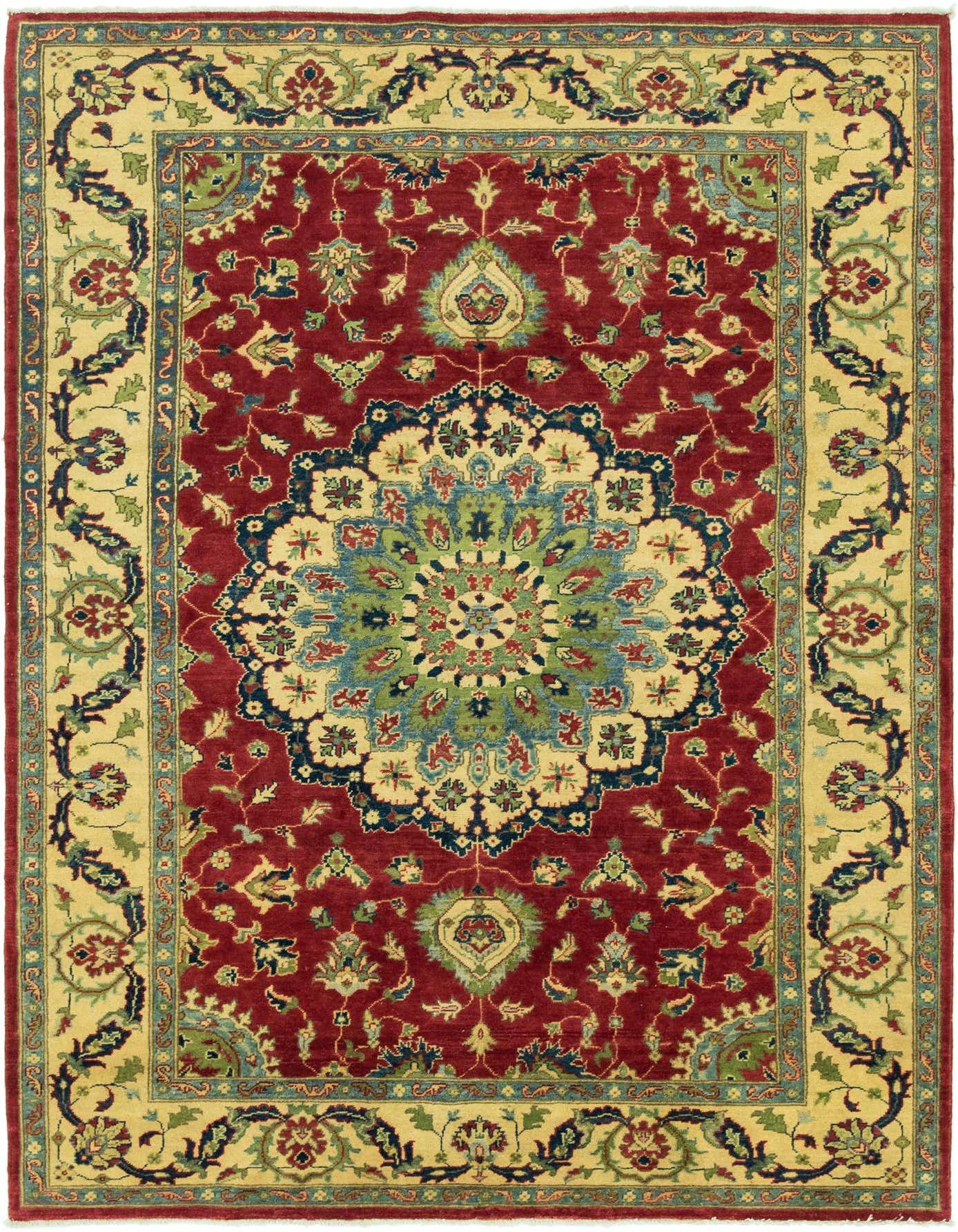 A 6x9 rectangular Rugs.com Kazak rug with a deep red field and a central medallion, surrounded by a cream border with intricate floral and tribal patterns.