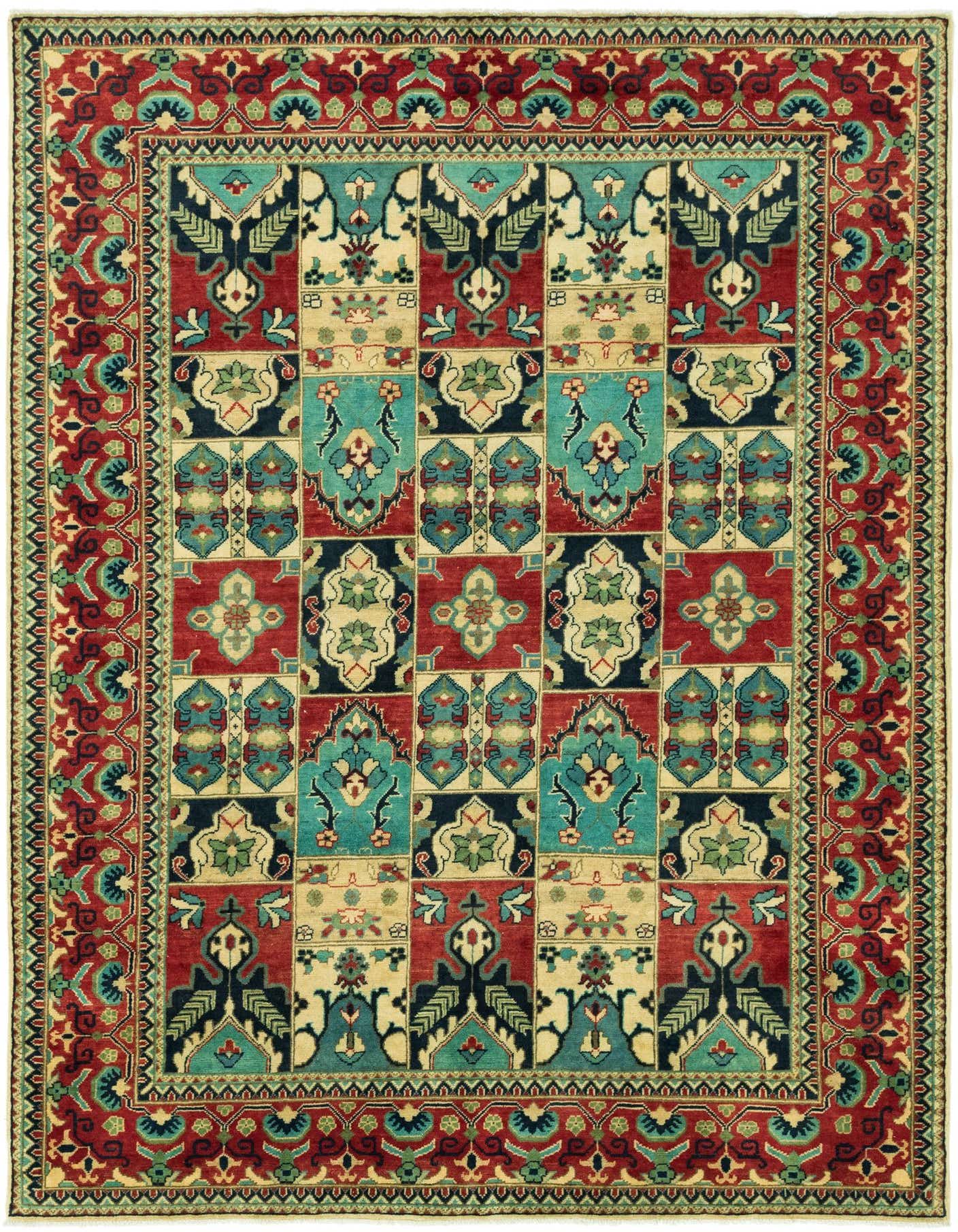 A 7x10 rectangular Kazak rug with a traditional Southwestern tribal pattern in reds, teal, navy, and cream.