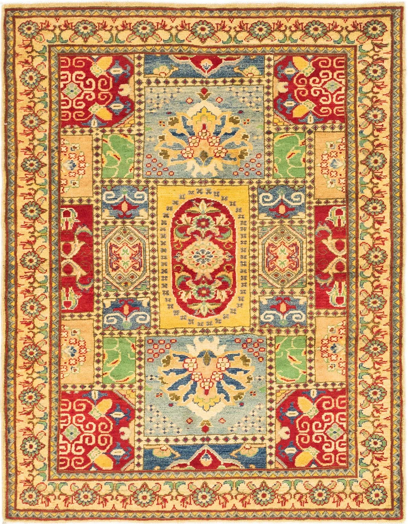 A 4x6 rectangular Rugs.com Kazak rug in a traditional Southwestern pattern with red, blue, yellow, and green blocks.