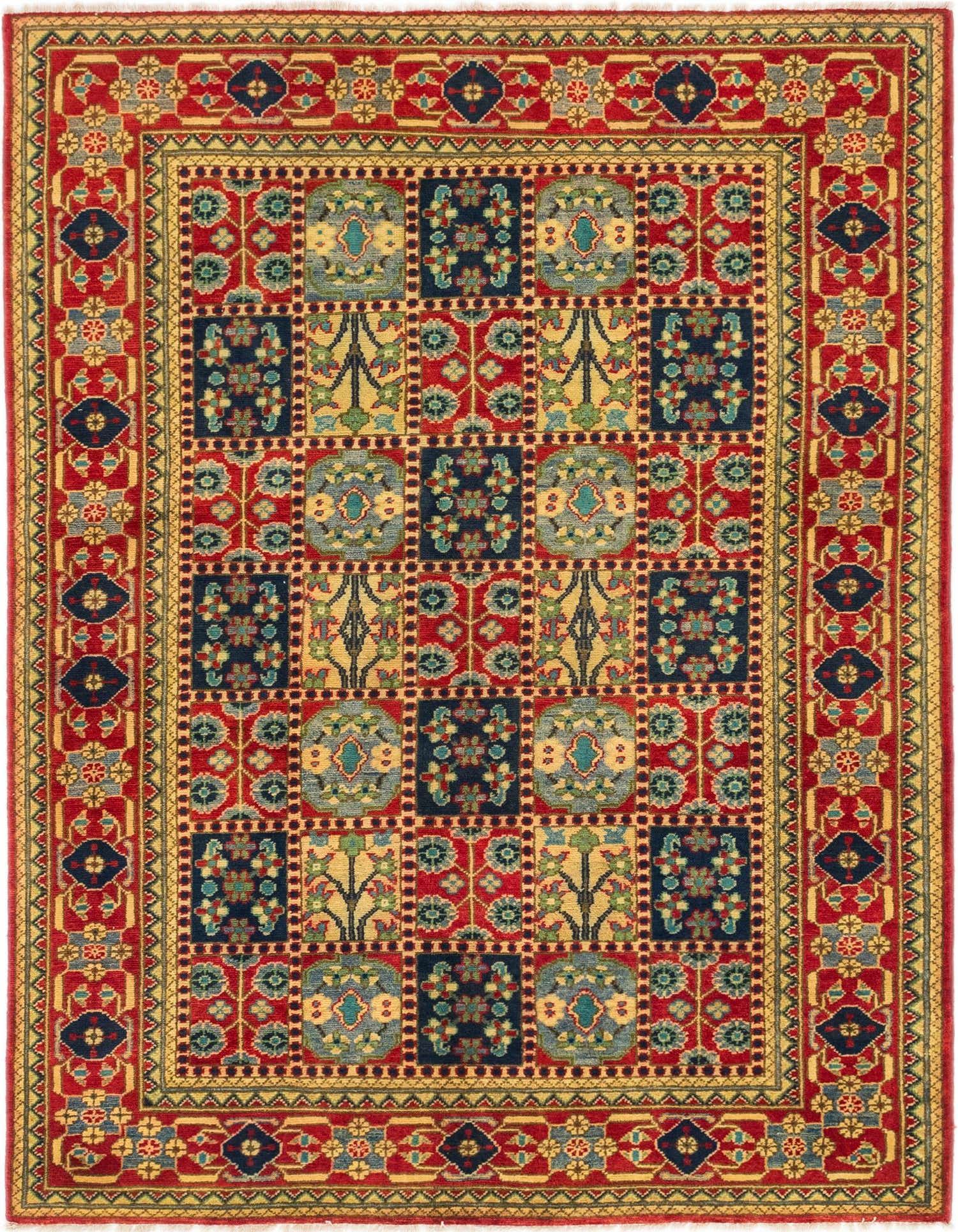 A 5x7 rectangular Rugs.com Kazak rug with a traditional Southwestern pattern in reds, blues, and gold.