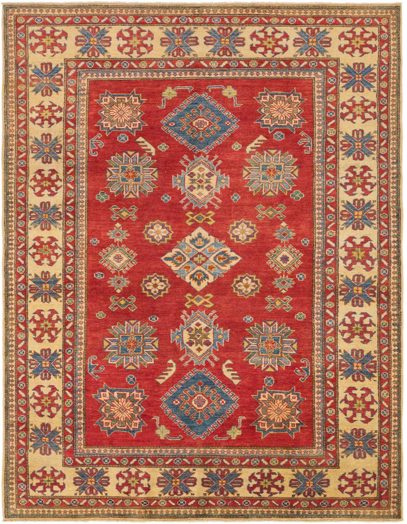 A 6x9 rectangular red area rug with a traditional Southwestern tribal pattern and a cream border.