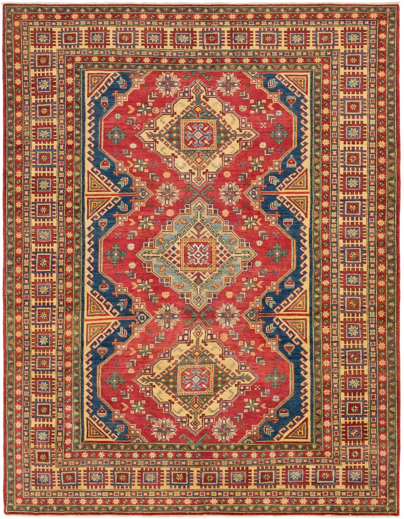 A 7x10 rectangular Kazak rug with a central medallion, featuring intricate traditional patterns in reds, blues, and gold.