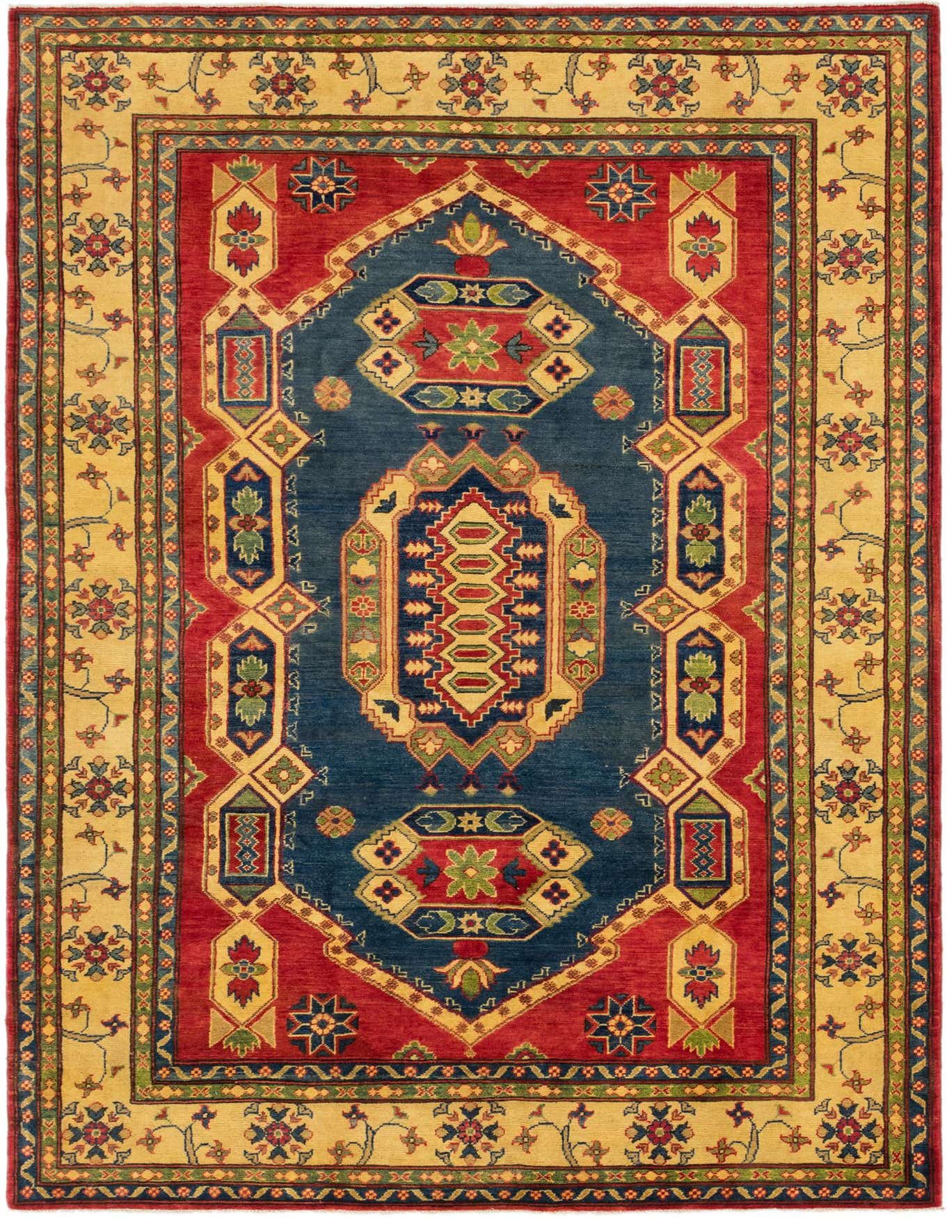 A 6x9 rectangular Kazak rug featuring a bold red border and a central navy blue medallion with intricate traditional and tribal patterns in red, gold, and green.