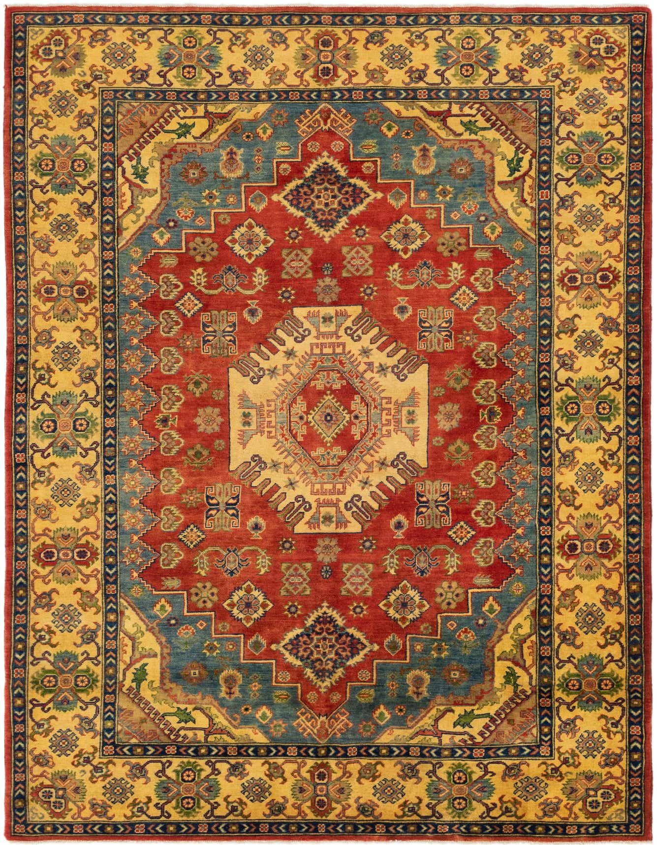 A 6x9 rectangular Kazak rug with a central medallion, featuring a red field, blue accents, and a gold border with intricate traditional patterns.