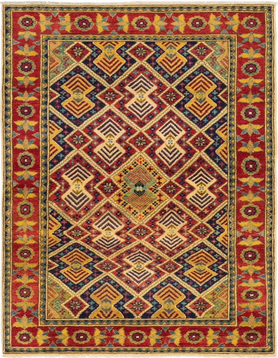 A 3x5 rectangular Rugs.com Kazak rug featuring a bold red border with floral motifs and a central field of intricate geometric patterns in red, navy, gold, and cream.