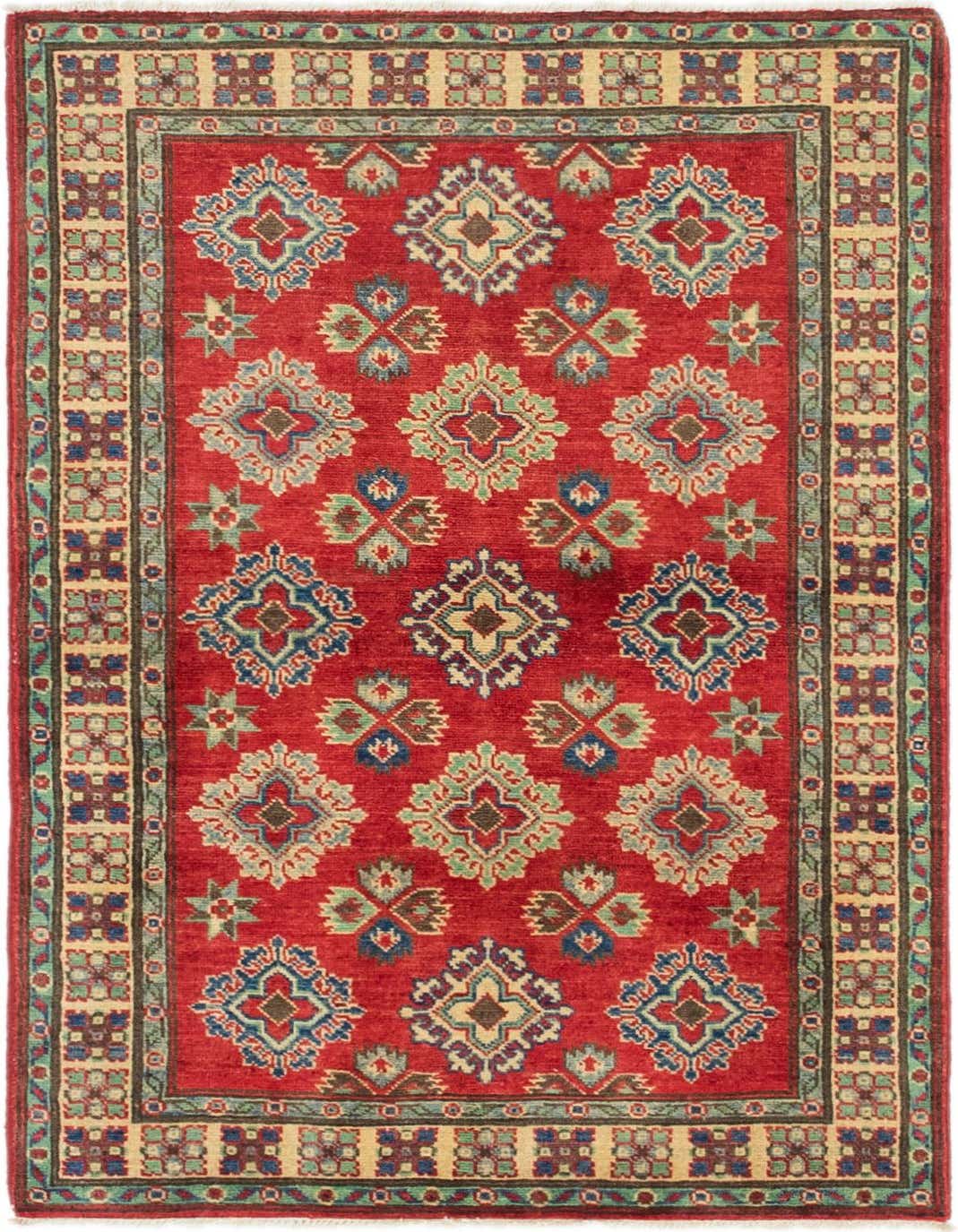 A 3x5 rectangular red rug with a traditional Southwestern tribal pattern, featuring intricate blue, green, and beige medallions and a detailed border.
