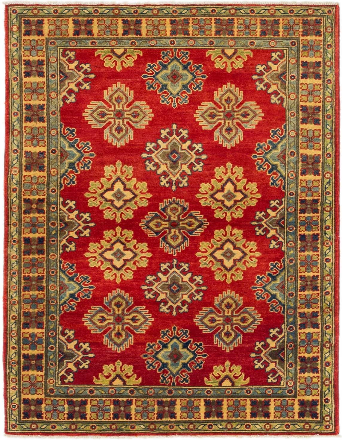 A 3x5 rectangular red Kazak rug with traditional Southwestern and tribal patterns, featuring intricate medallions in blue, green, and gold, and a multi-bordered edge.