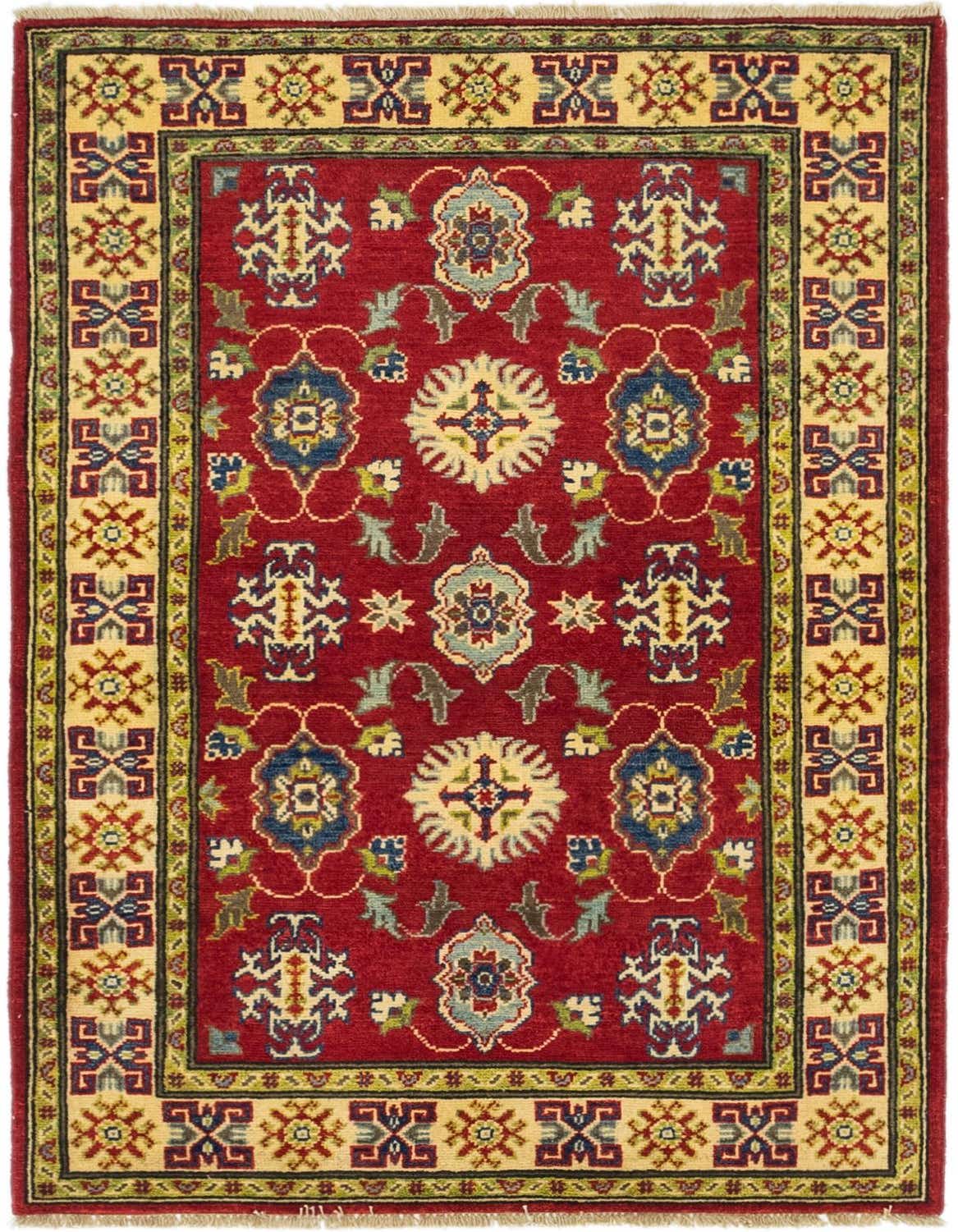 A 3x5 rectangular red Kazak rug with traditional Southwestern and tribal patterns in blue, yellow, and green.