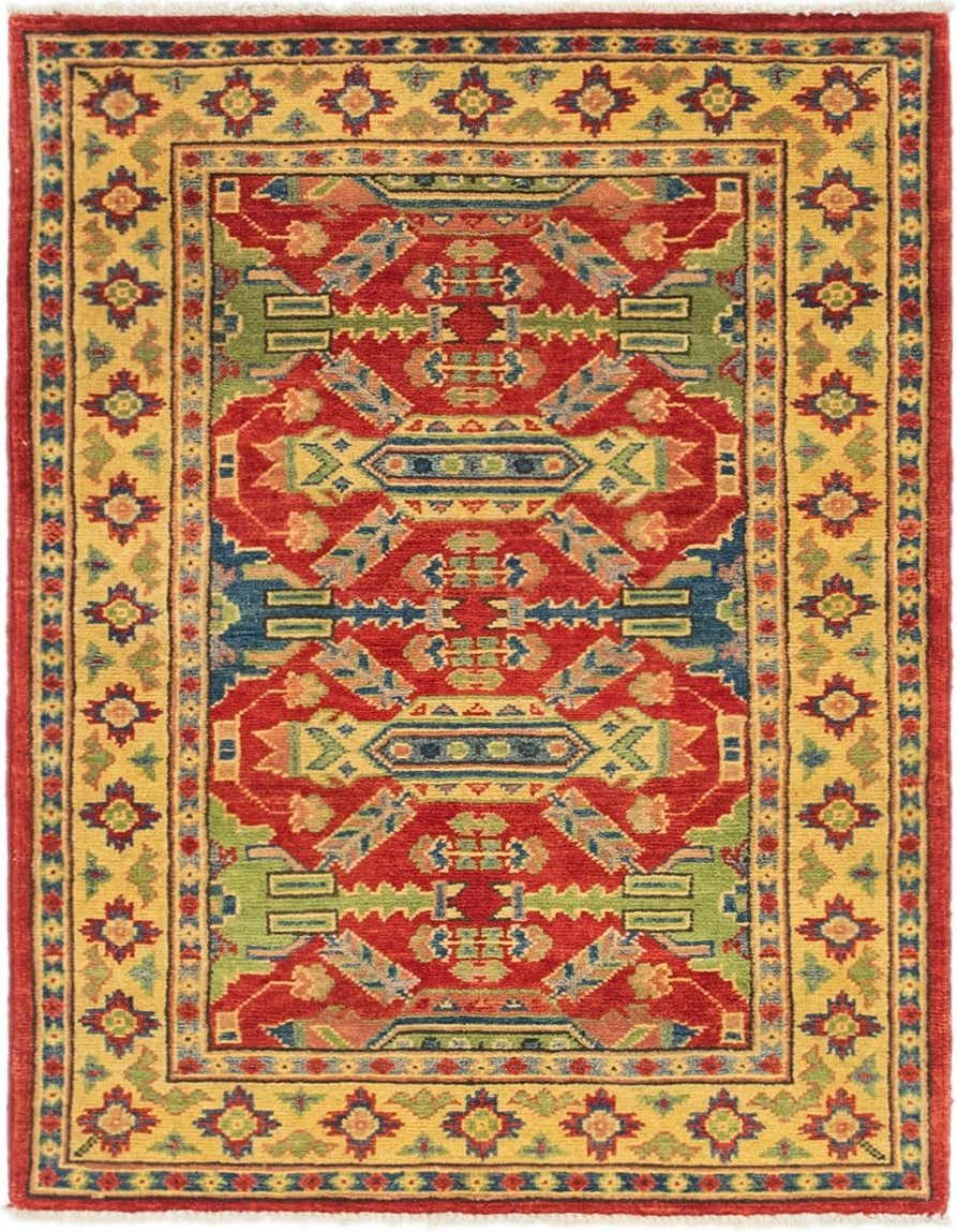 A 3x4 rectangular Rugs.com Kazak rug with a vibrant red field, yellow border, and intricate Southwestern tribal patterns in blue, green, and orange.