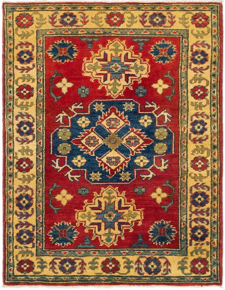 A 3x4 rectangular red rug with a prominent blue and gold medallion, surrounded by a gold border with floral and geometric patterns.