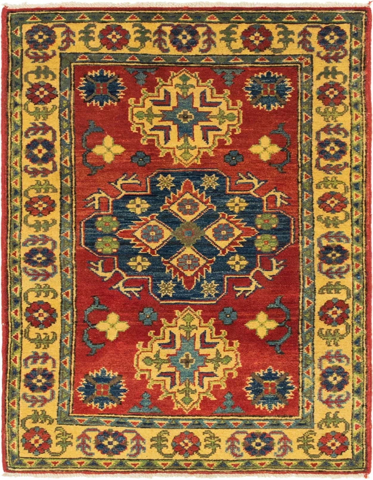 A 3x4 rectangular red rug with a prominent blue and yellow medallion, framed by a gold border with floral and tribal patterns.