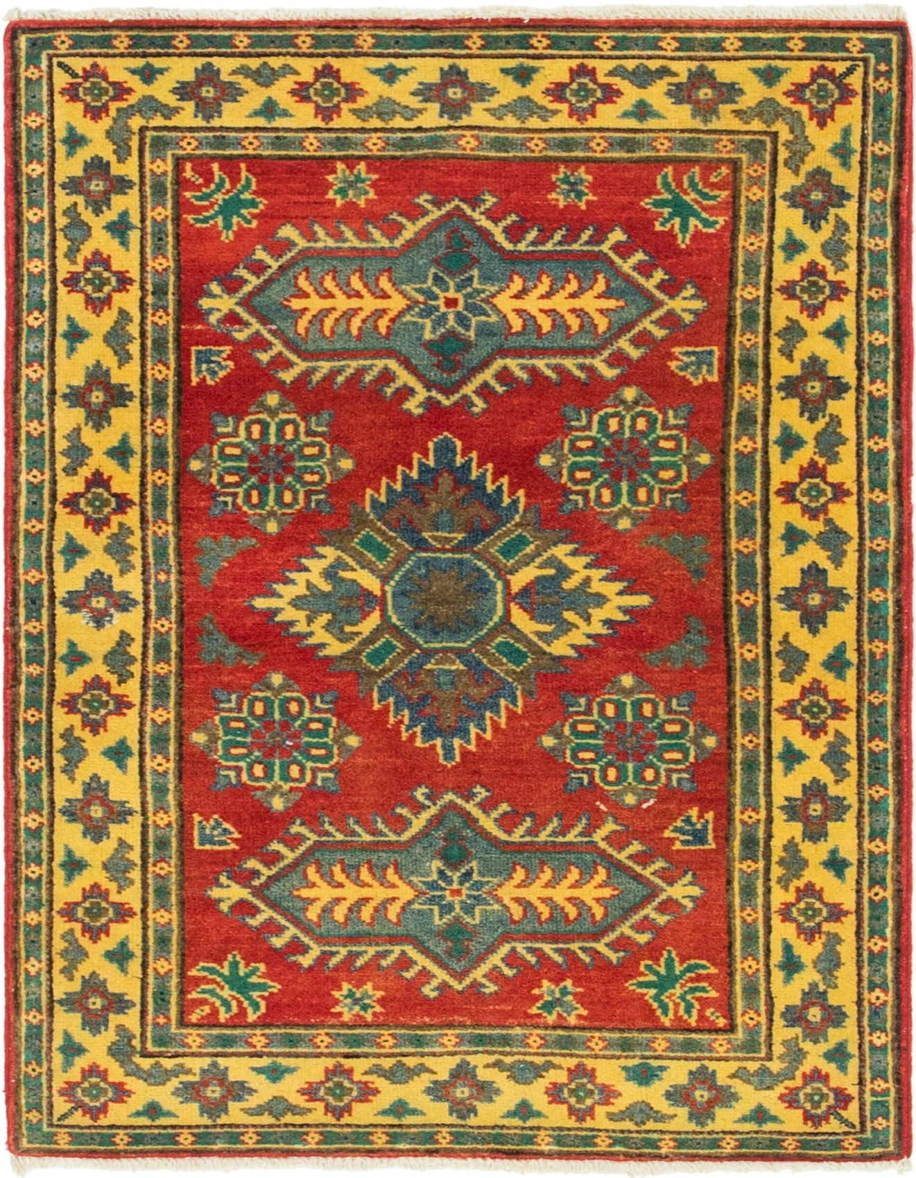 A 3x4 rectangular Rugs.com Kazak rug featuring a bold red field with a central medallion and geometric patterns in blue, yellow, and green, framed by a wide yellow border with floral motifs.