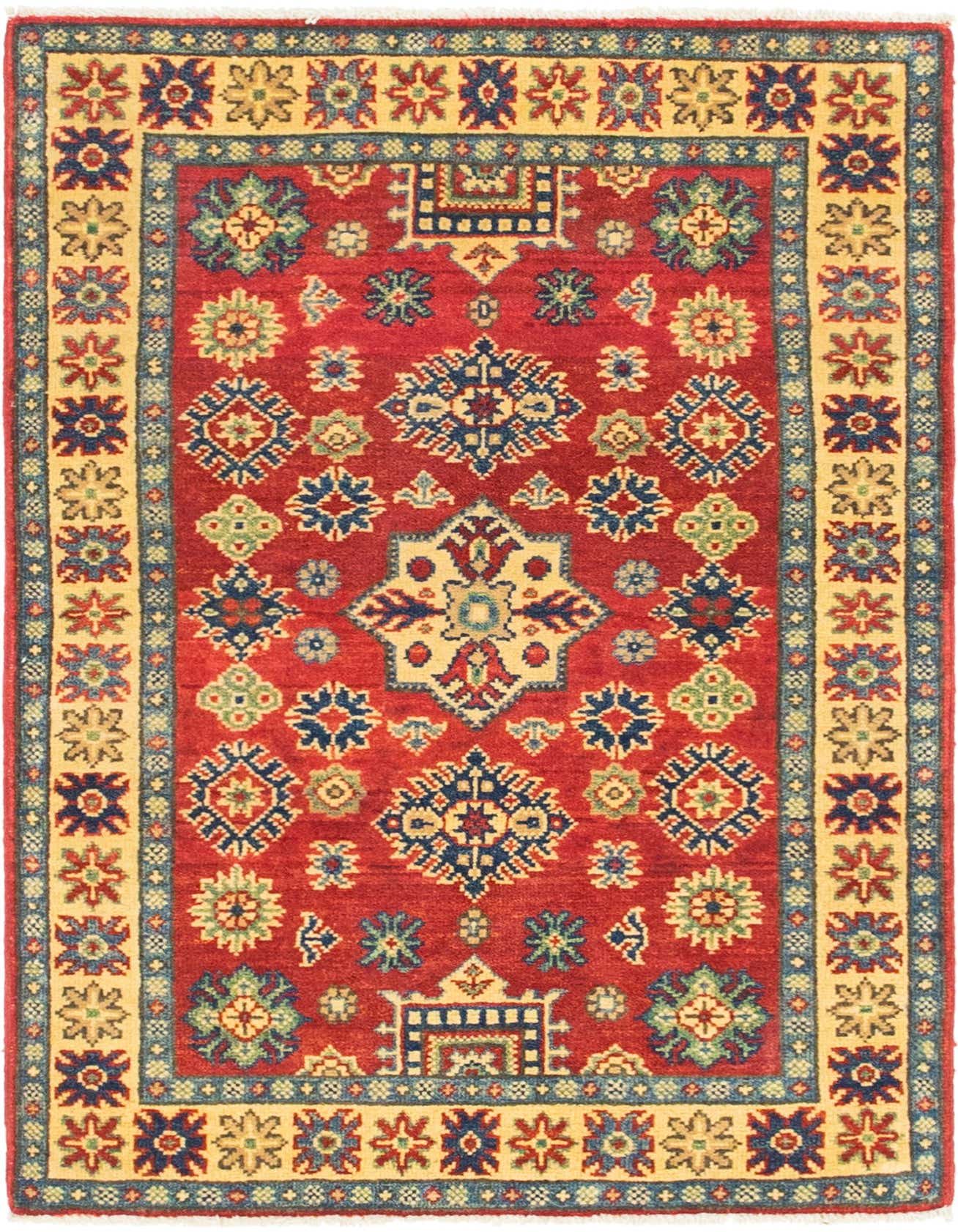 A 3x4 rectangular red Kazak rug with traditional Southwestern and tribal patterns in blue, green, and cream, featuring a wide cream border.
