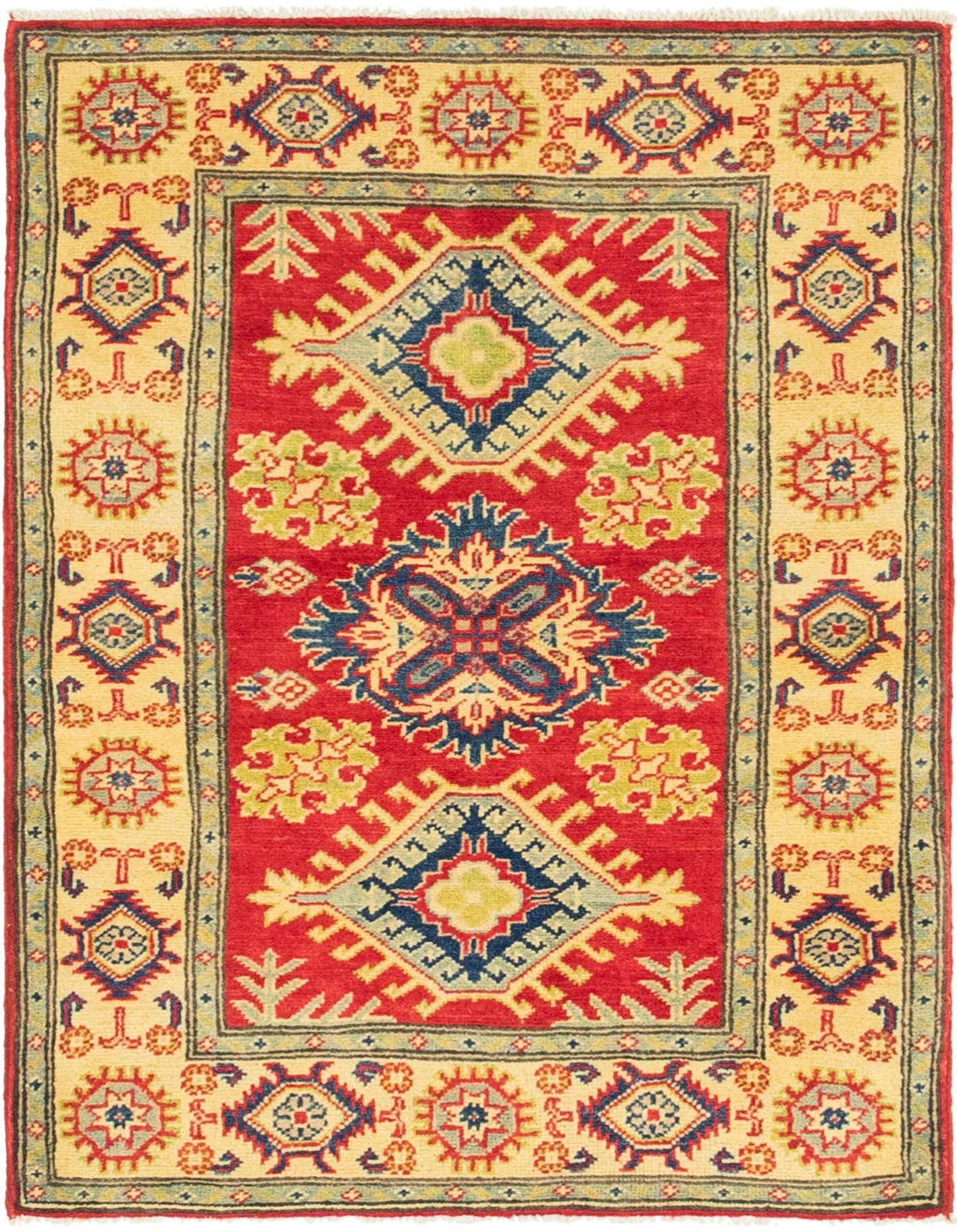 A 3x4 rectangular Rugs.com Kazak rug with a red field, yellow border, and intricate blue, green, and red traditional Southwestern patterns.