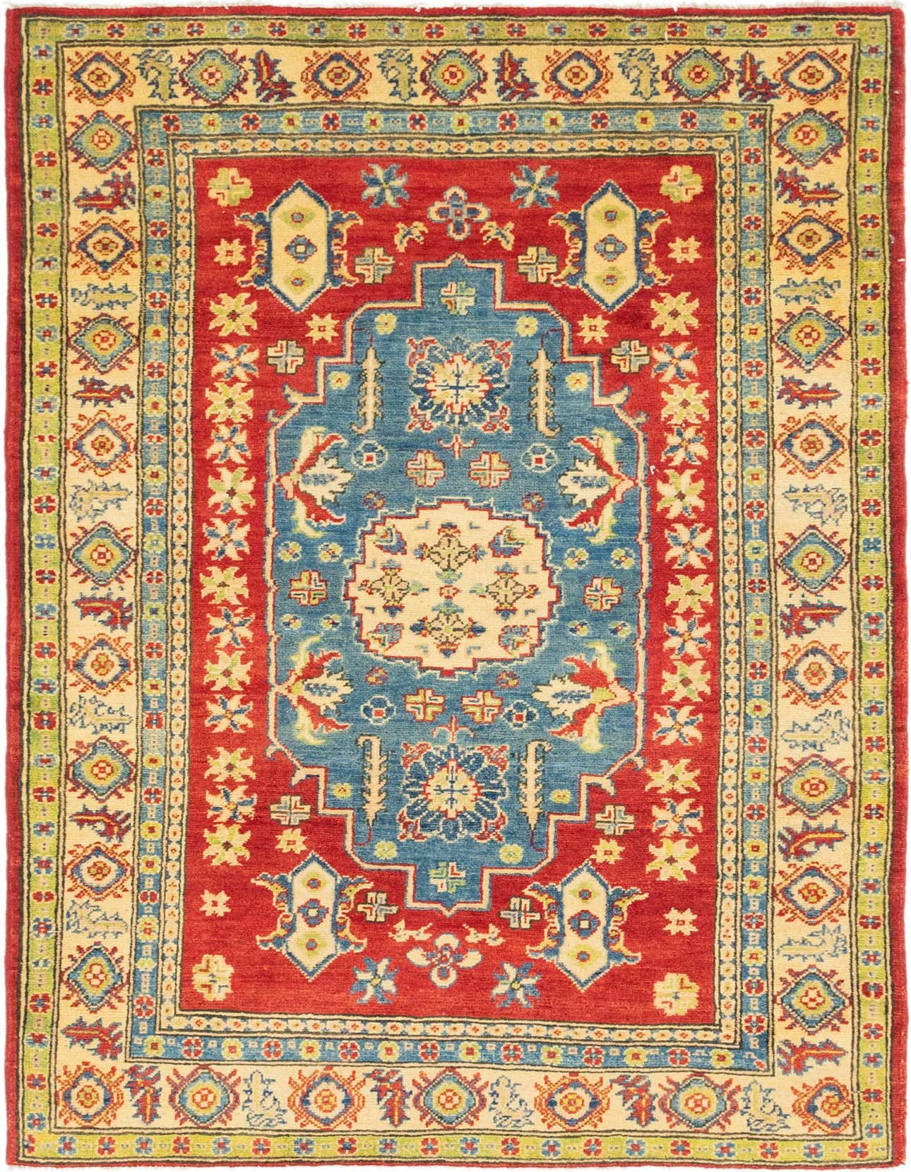 A 4x6 rectangular red wool rug with a central blue medallion and intricate traditional tribal patterns, ideal for a living room.