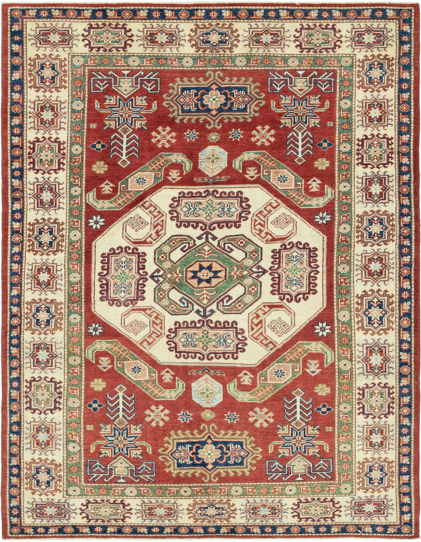 A 6x9 rectangular red traditional rug with an intricate cream medallion pattern and colorful geometric details, perfect for a living room.