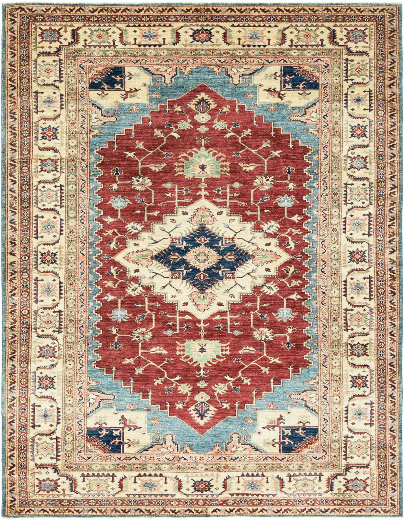 A 7x10 rectangular Kazak rug in traditional Oriental style, featuring a red field with a central medallion, light blue accents, and a cream border.