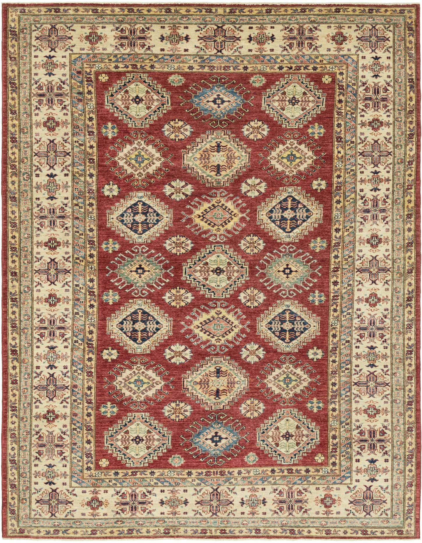 A 7x10 rectangular red area rug with traditional Southwestern and tribal patterns, featuring a cream border.