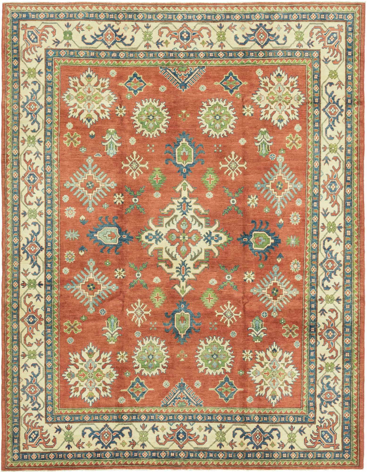 A 6x9 rectangular red traditional rug with intricate tribal and medallion patterns in blue, green, and cream.