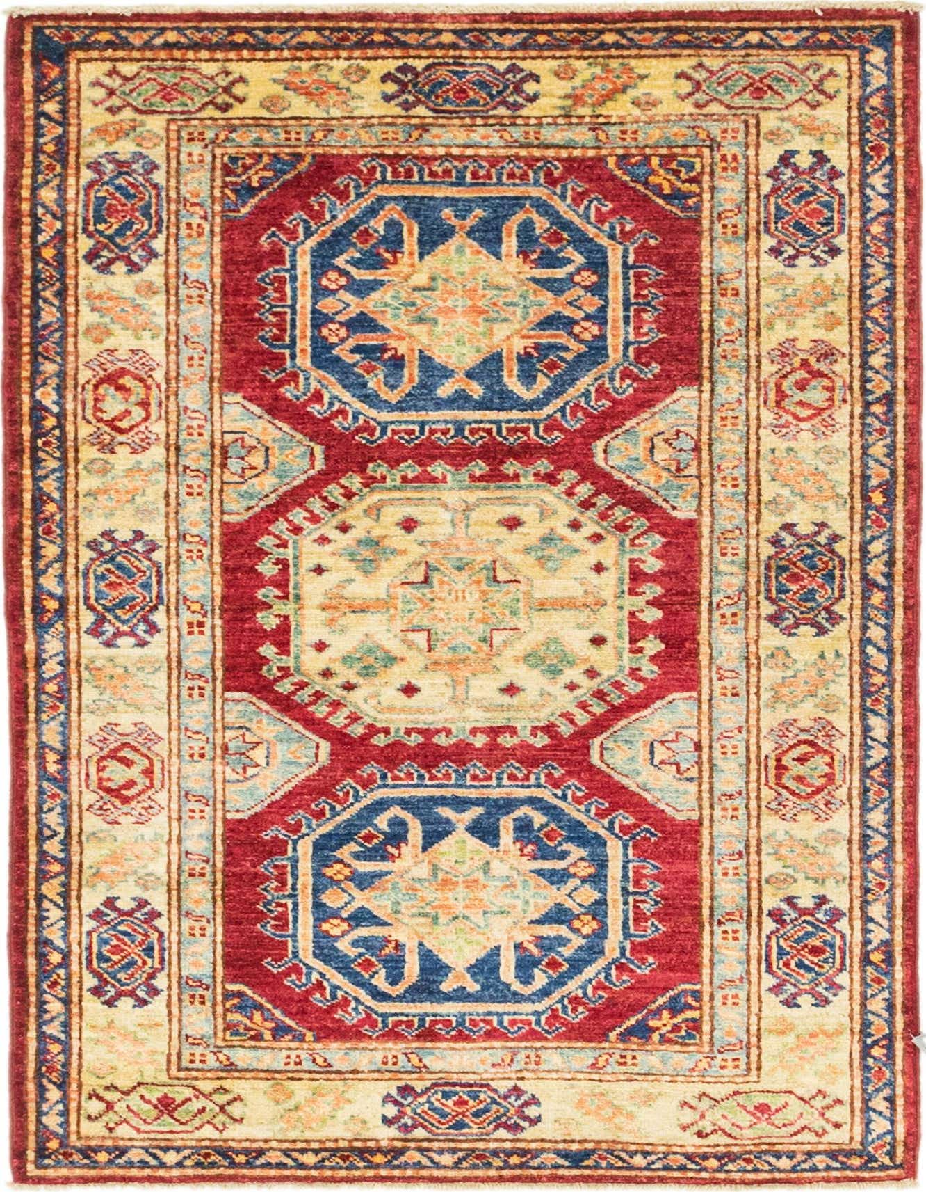 A 3x4 rectangular Rugs.com Kazak rug with a traditional Southwestern design in reds, blues, and cream.